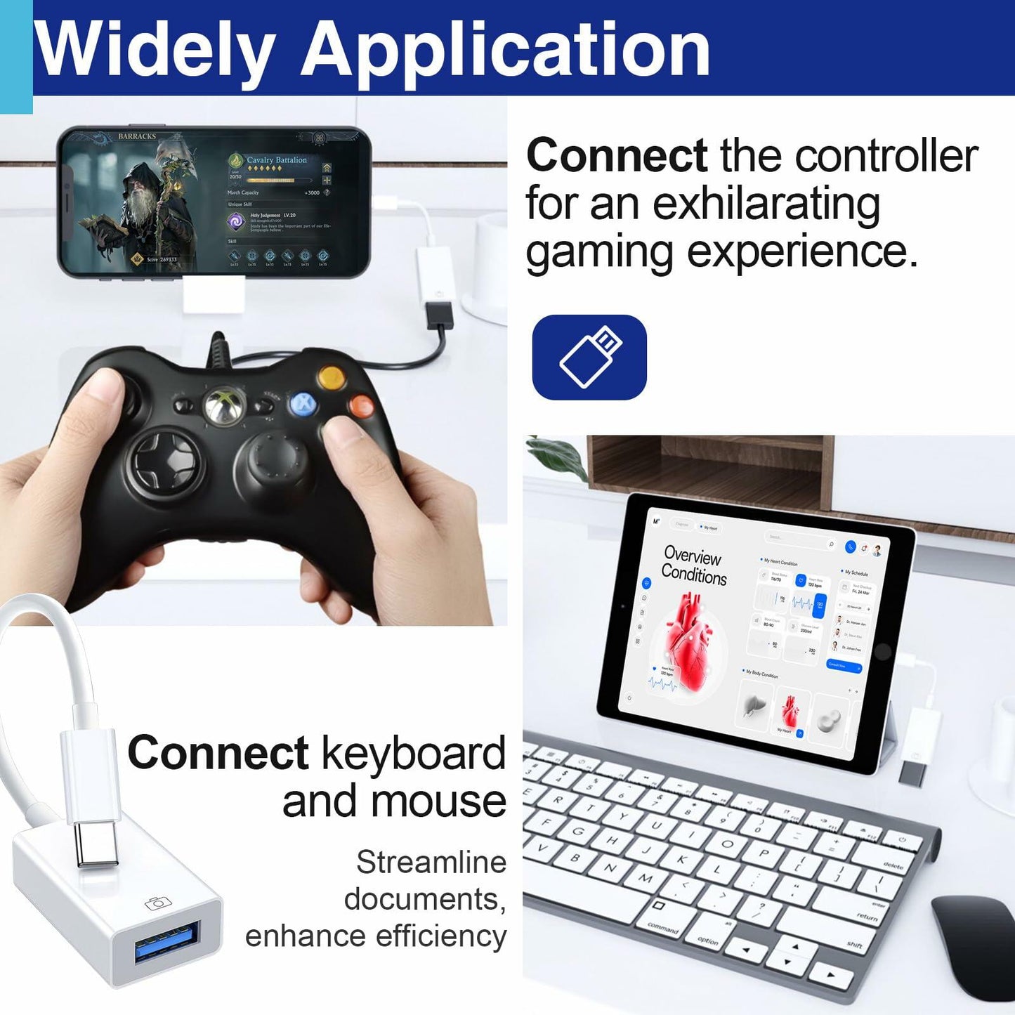 Usdrwam 8-Pin Male to USB 3.0 Female OTG Adapter Cable 2 Ports