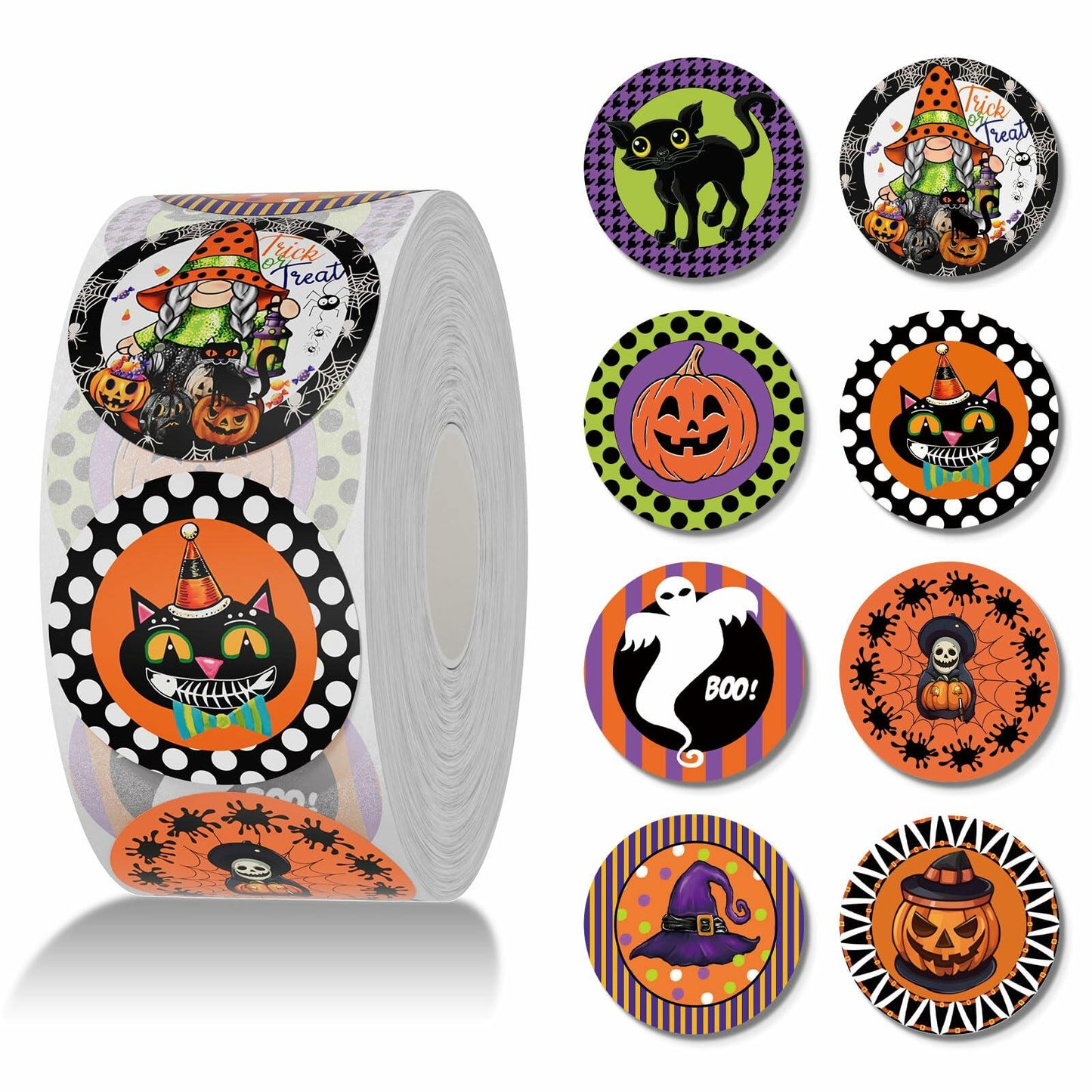 ZAEW Halloween Sticker Roll 500pcs 1.5" Gnome Pumpkins Cats Ghost Colored
