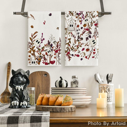 Artoid Mode Ghost Wildflower Halloween Kitchen Towels 18x26 Inch Set of 2 Beige