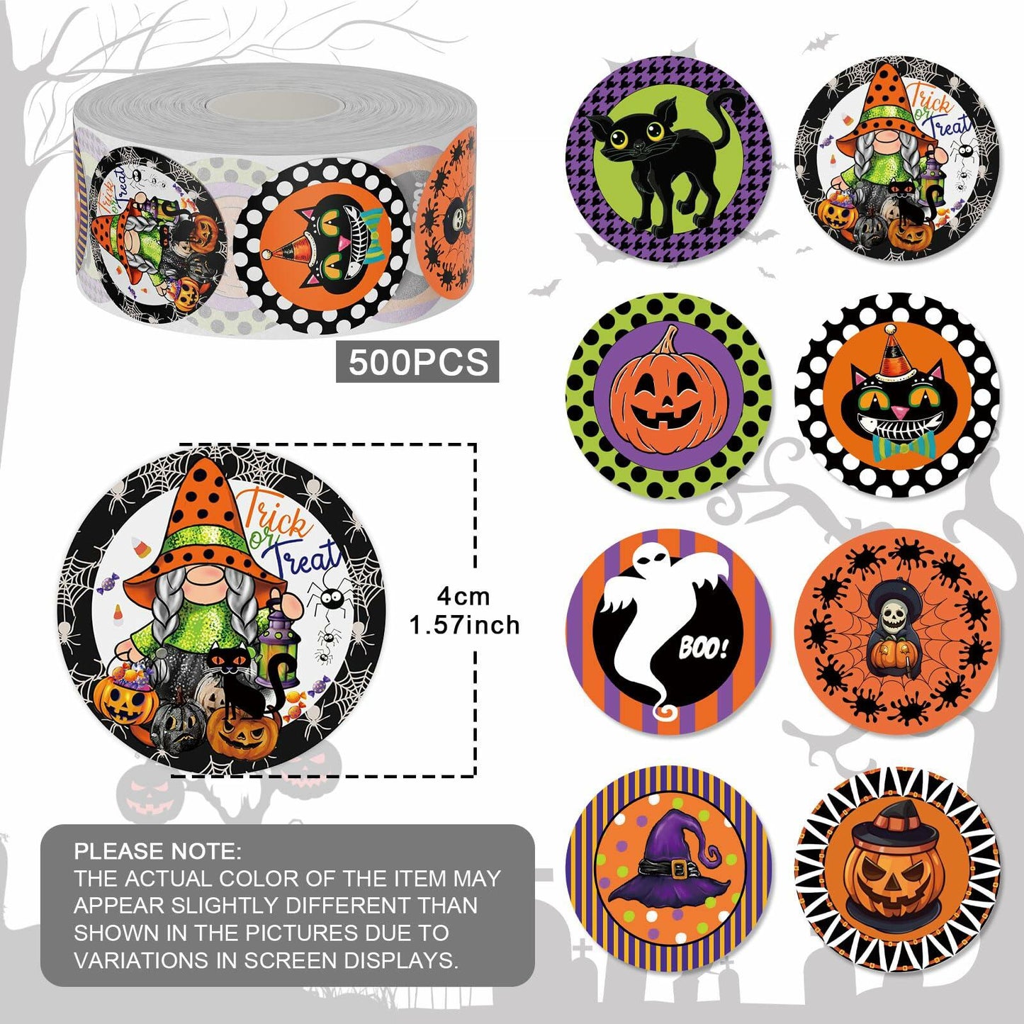 ZAEW Halloween Sticker Roll 500pcs 1.5" Gnome Pumpkins Cats Ghost Colored