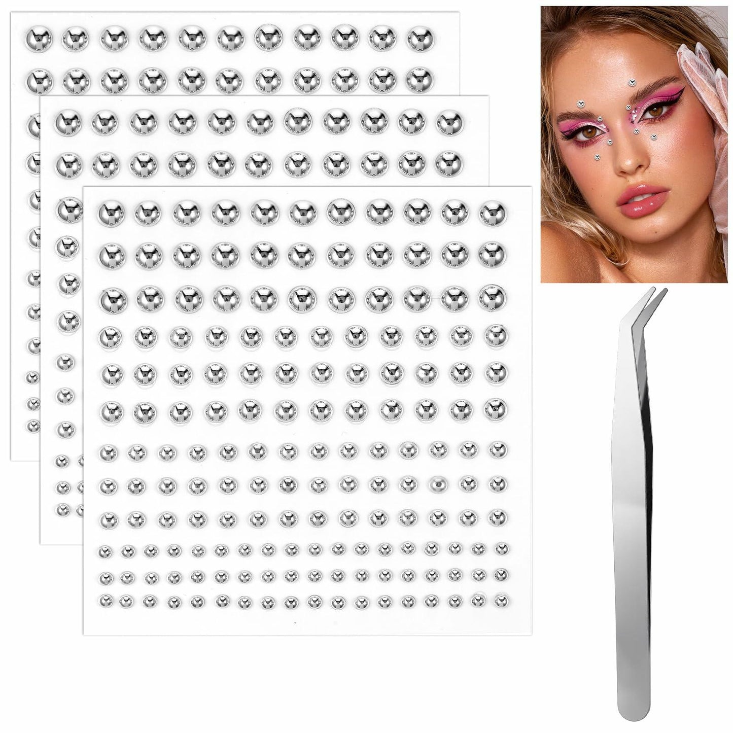 Heclia Face Gems 8 Sheets Silver Self Adhesive Fake Piercings Body Jewels
