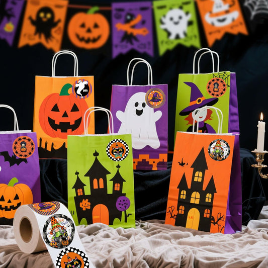 ZAEW Halloween Sticker Roll 500pcs 1.5" Gnome Pumpkins Cats Ghost Colored