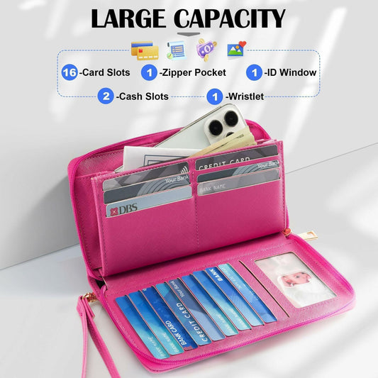 Chelmon Women's Vegan Leather Clutch Wallet with Zip, Hand Strap, Large Capacity