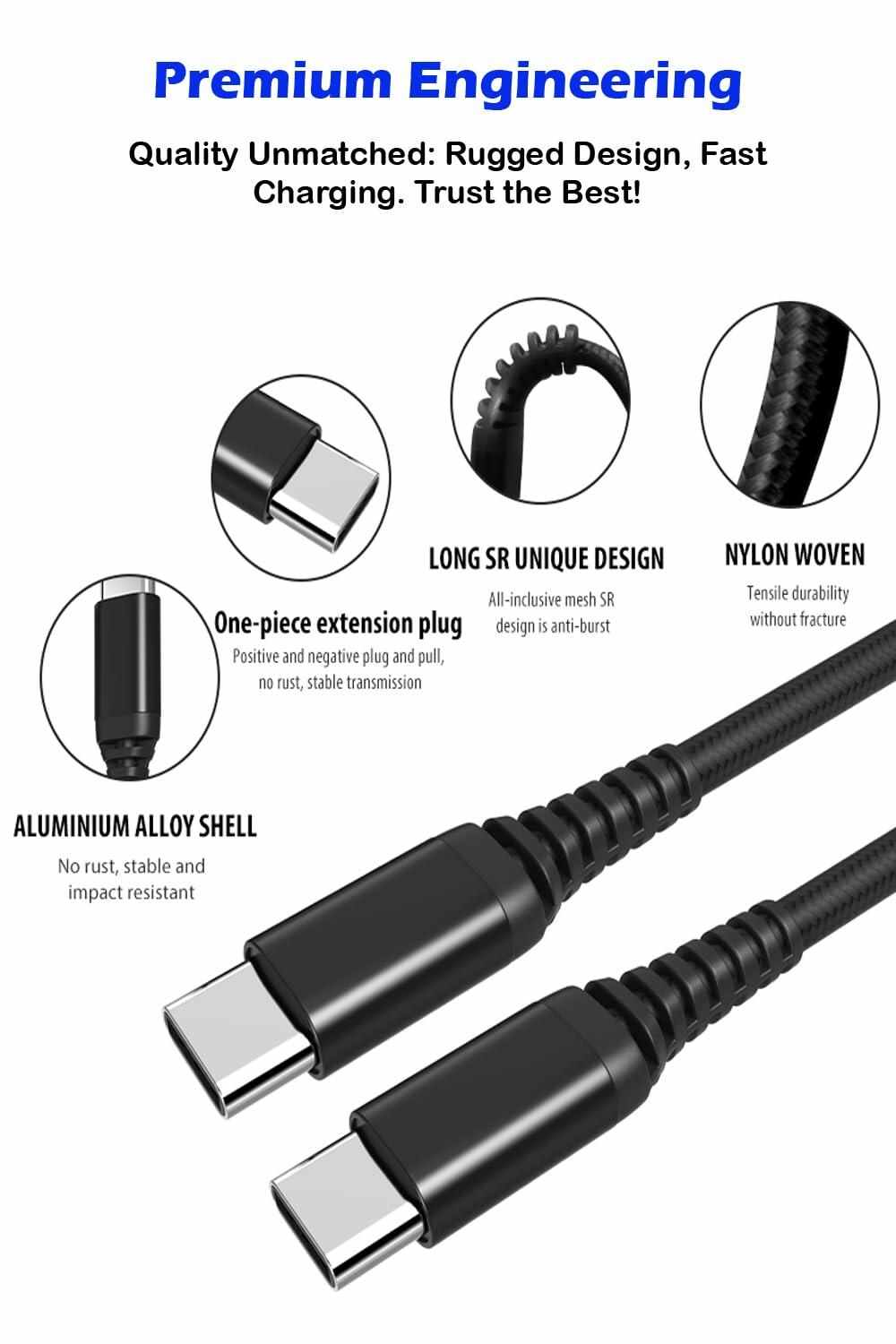 tekSonic 5 Pack USB-C Cable 3.1A Fast Charging PD Type-C to C 3–10ft