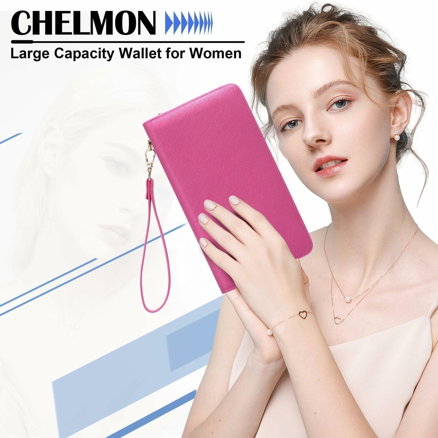 Chelmon Women's Vegan Leather Clutch Wallet with Zip, Hand Strap, Large Capacity