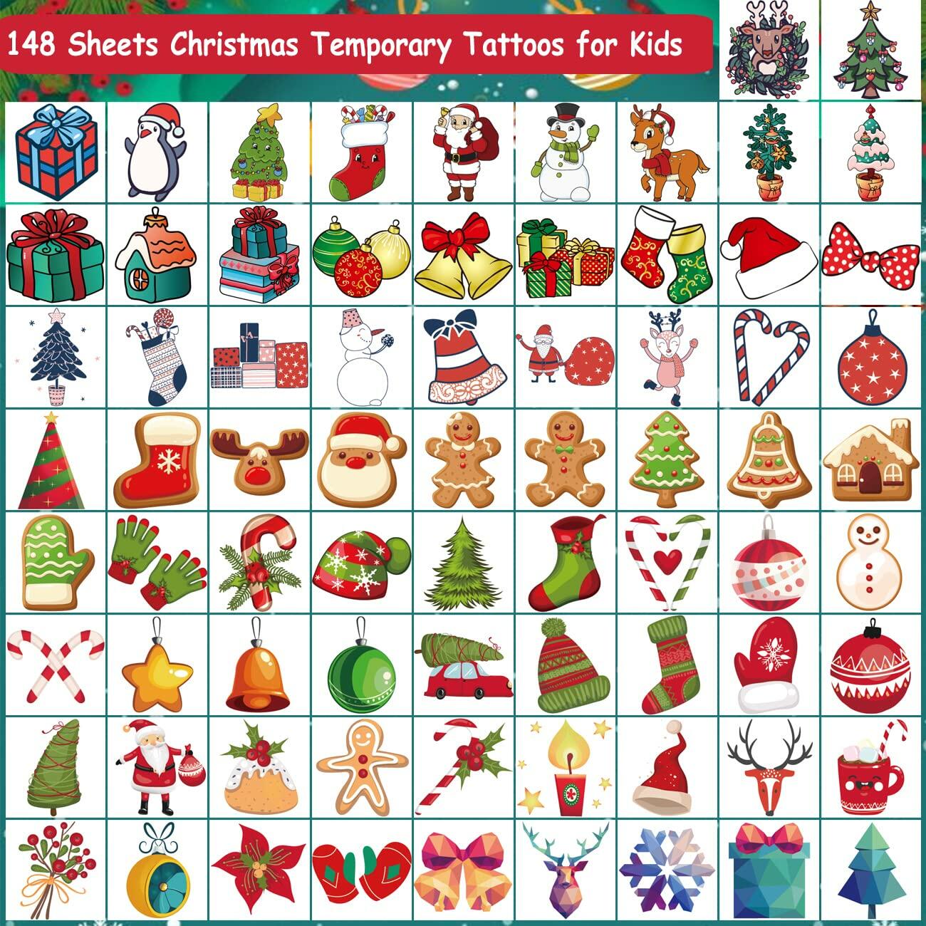 CHARLENT 148pcs Christmas Temporary Tattoos for Kids Xmas Party Favors