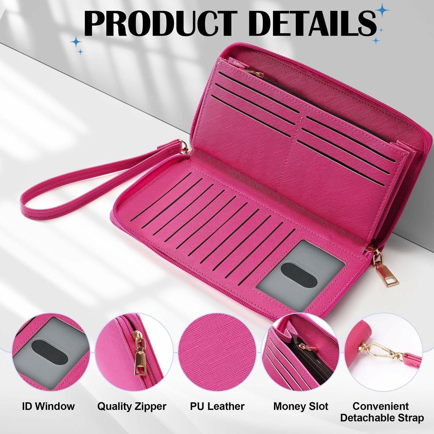 Chelmon Women's Vegan Leather Clutch Wallet with Zip, Hand Strap, Large Capacity