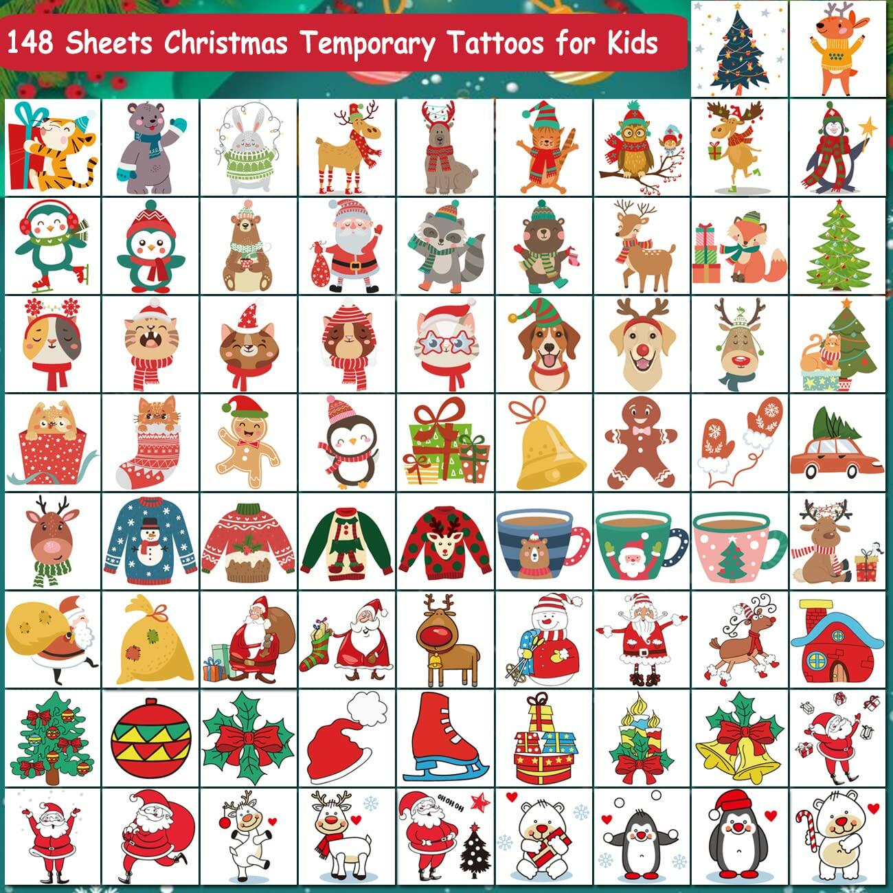 CHARLENT 148pcs Christmas Temporary Tattoos for Kids Xmas Party Favors