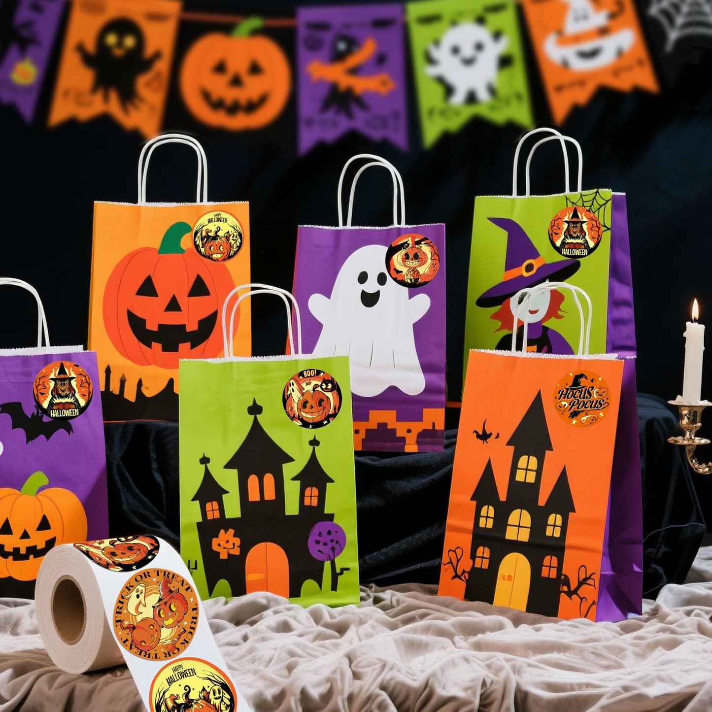 ZAWE Halloween Sticker Roll 500pcs 1.5" Ghosts Pumpkins Witch Colored