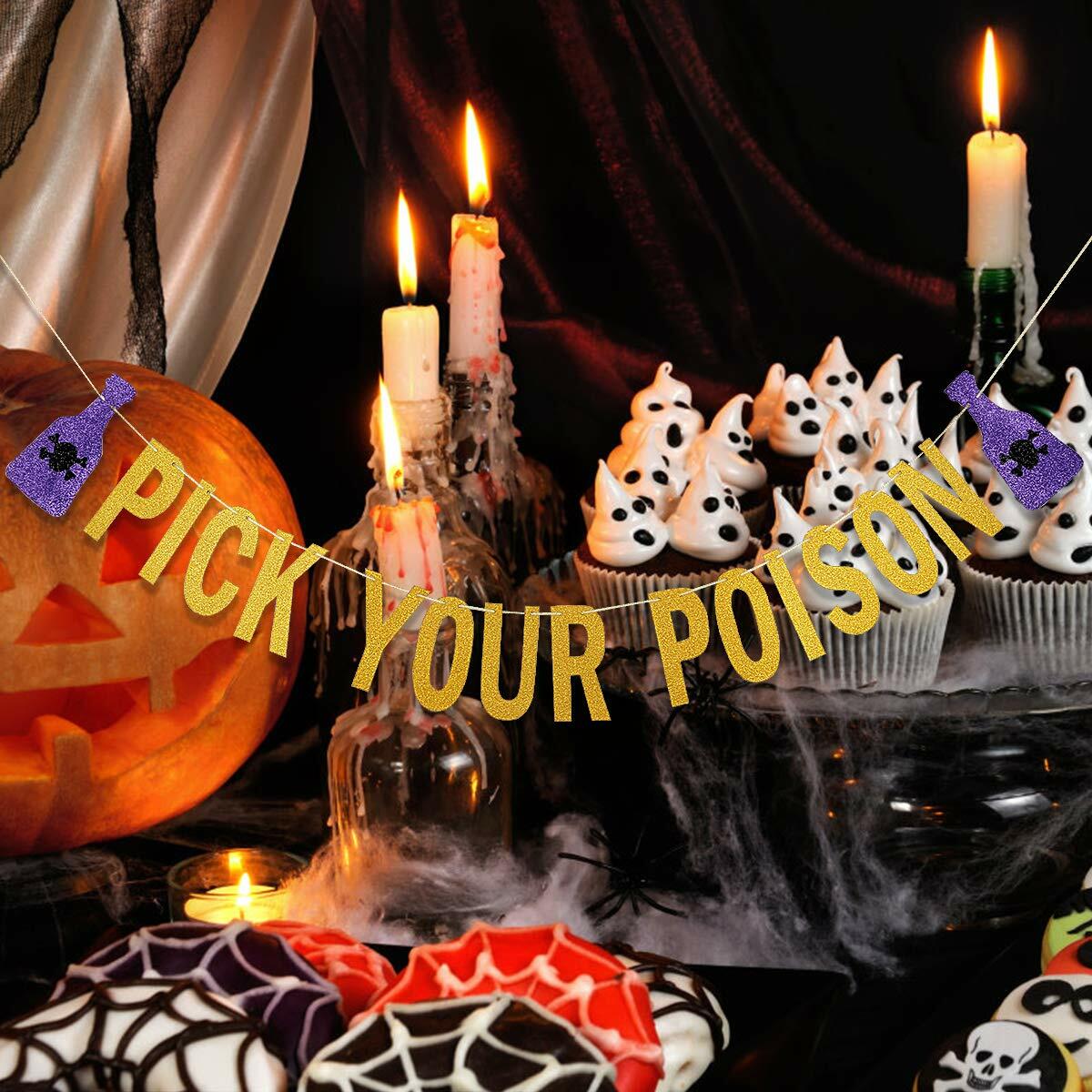 LeeSky Gold Glitter Pick Your Poison Halloween Party Banner Paper Letter Print