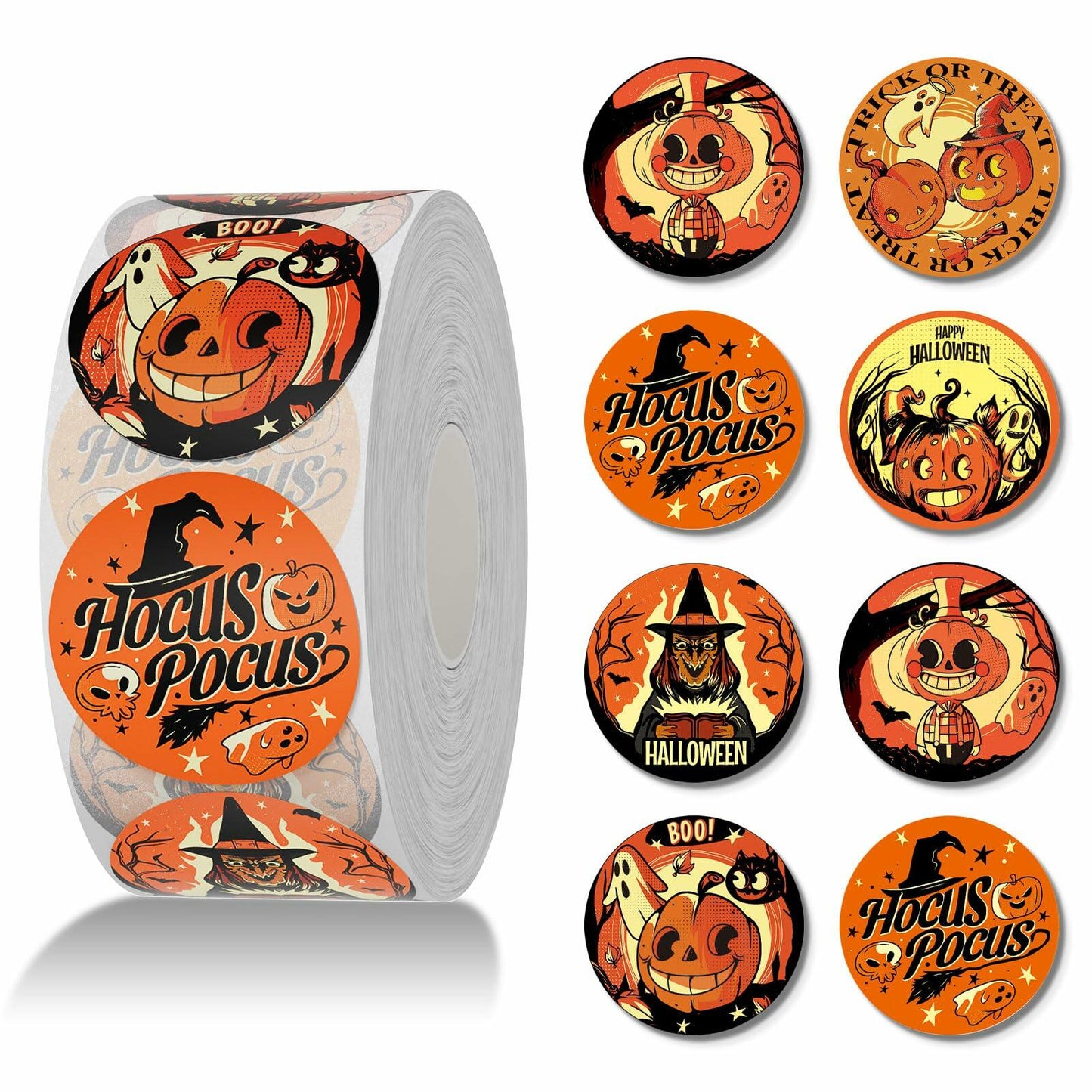 ZAWE Halloween Sticker Roll 500pcs 1.5" Ghosts Pumpkins Witch Colored