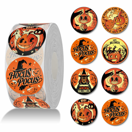 ZAWE Halloween Sticker Roll 500pcs 1.5" Ghosts Pumpkins Witch Colored