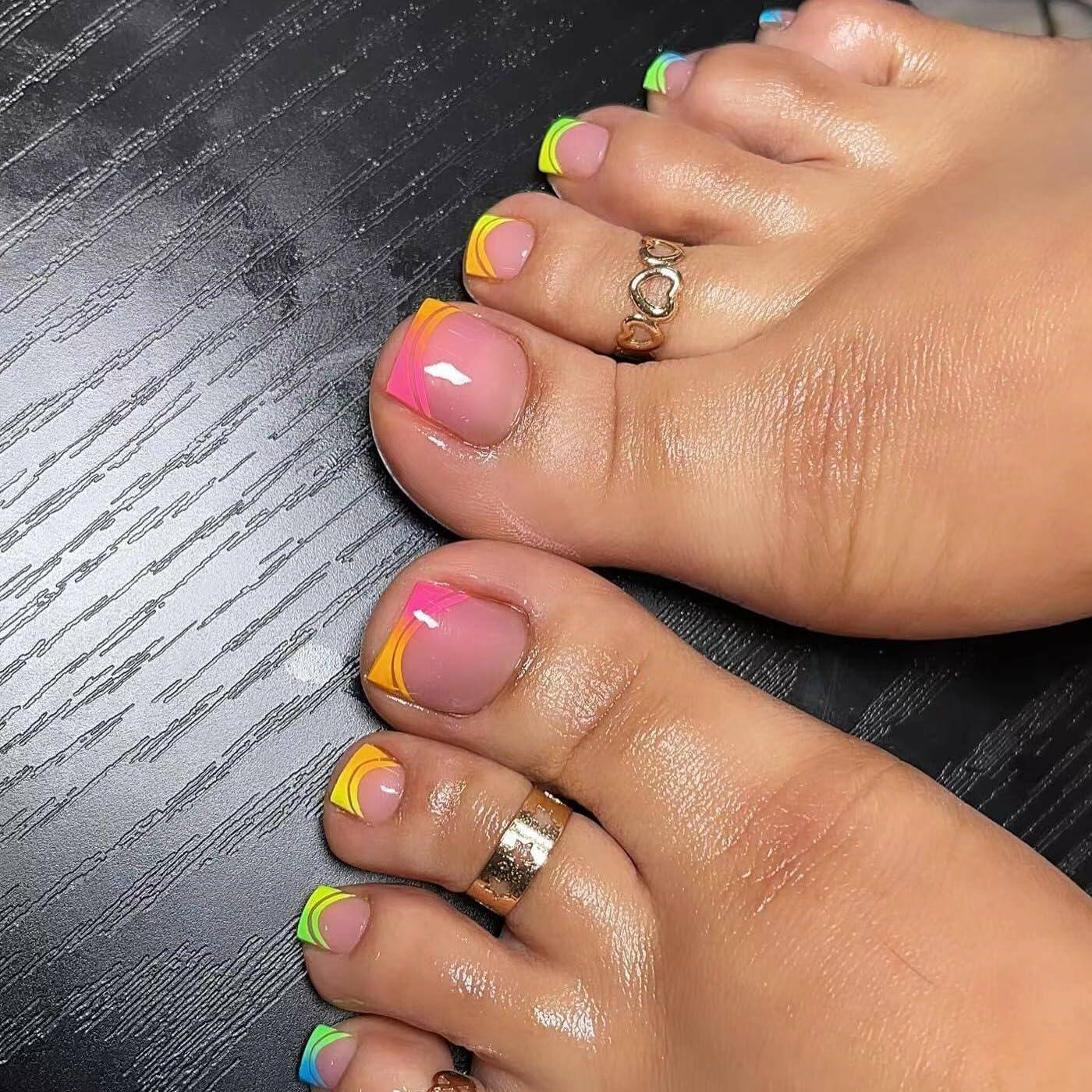 AZTSYT 24Pcs French Tip Toe Nail Press Ons Pink Short Square Acrylic