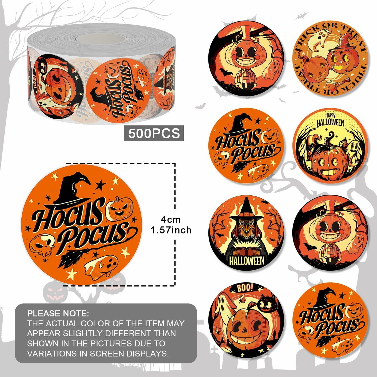 ZAWE Halloween Sticker Roll 500pcs 1.5" Ghosts Pumpkins Witch Colored