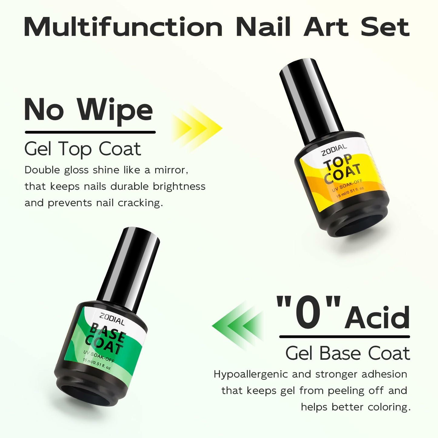 ZODIAL Gel Base & Top Coat Set 0.51oz No Wipe High Glossy Finish 2Pcs