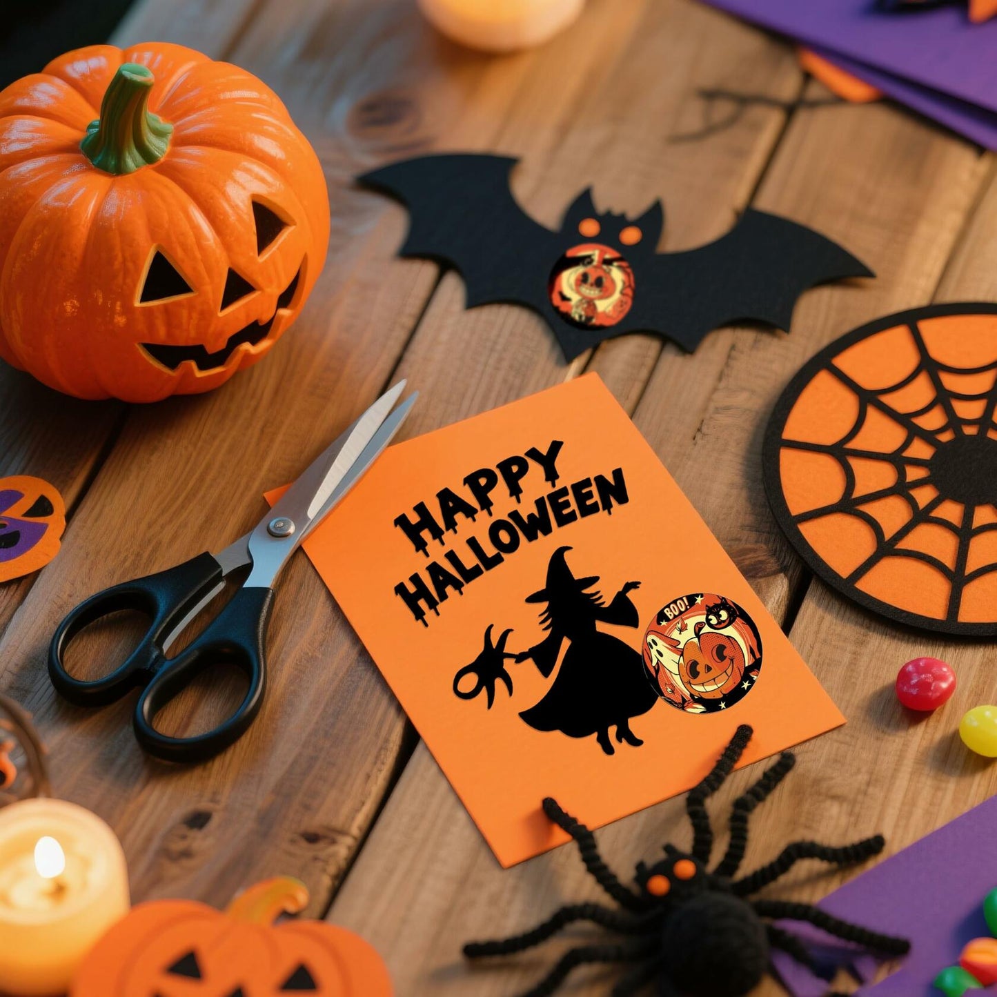 ZAWE Halloween Sticker Roll 500pcs 1.5" Ghosts Pumpkins Witch Colored