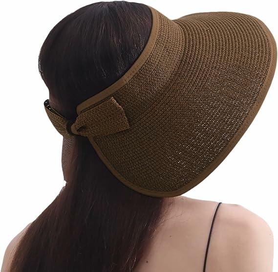 Wide Brim Straw Sun Hat Women Summer Beach Vacation Foldable Coffee Ribbon