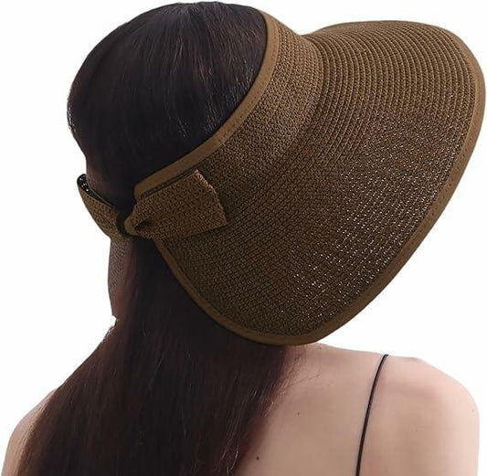Wide Brim Straw Sun Hat Women Summer Beach Vacation Foldable Coffee Ribbon
