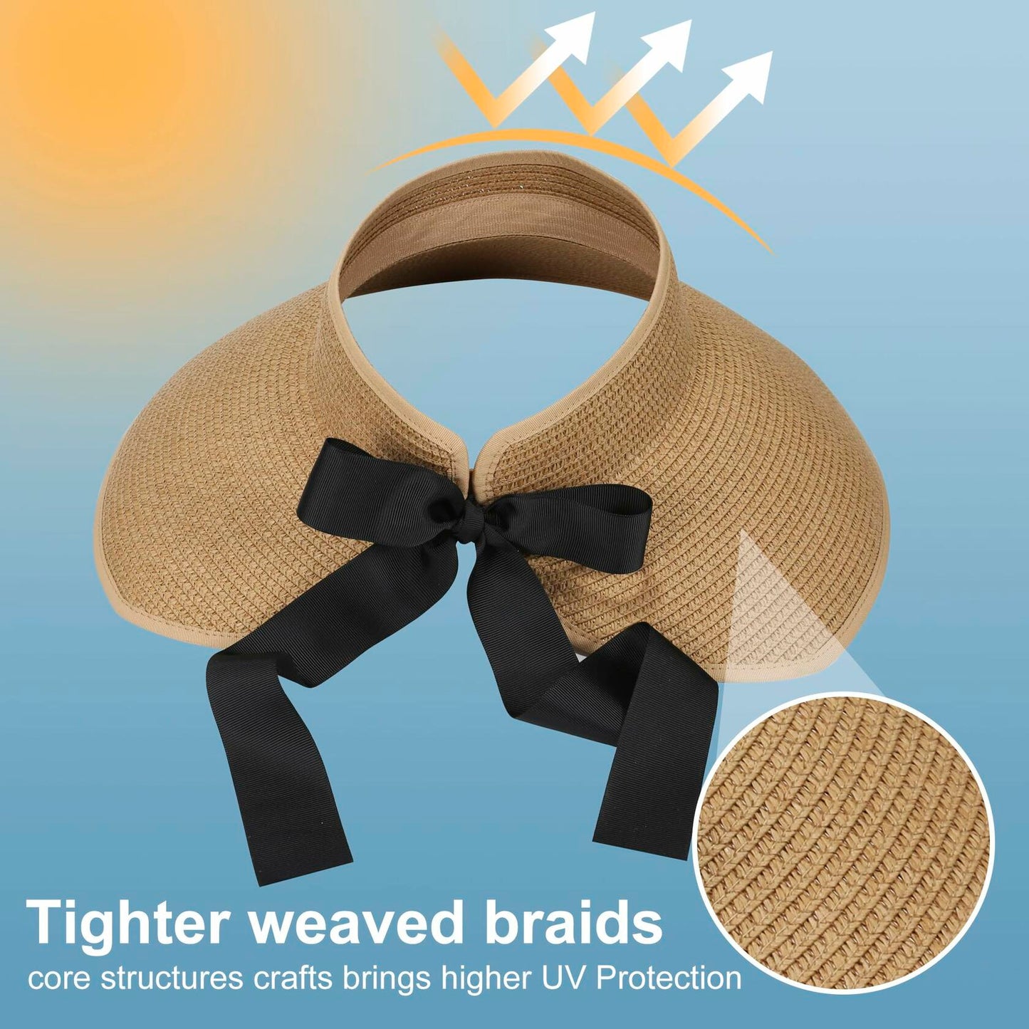 Wide Brim Straw Sun Hat Women Summer Beach Vacation Foldable Coffee Ribbon