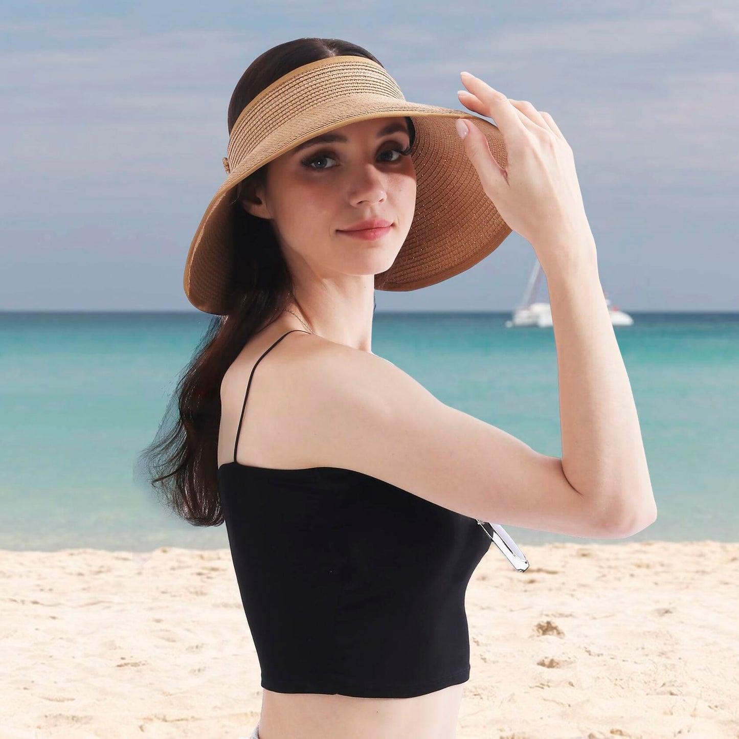 Wide Brim Straw Sun Hat Women Summer Beach Vacation Foldable Coffee Ribbon
