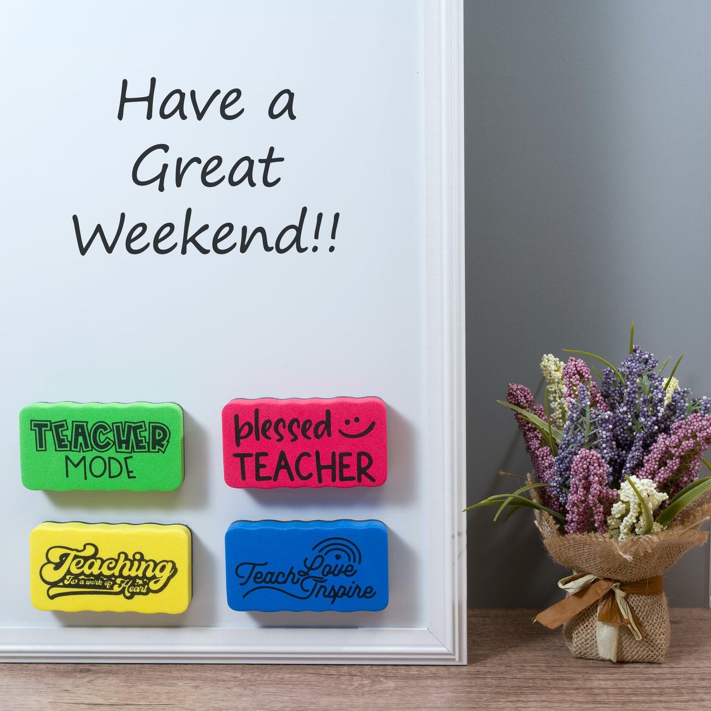 Magnetic Whiteboard Dry Erasers 4-Pack Colorful Classroom Teacher Essentials