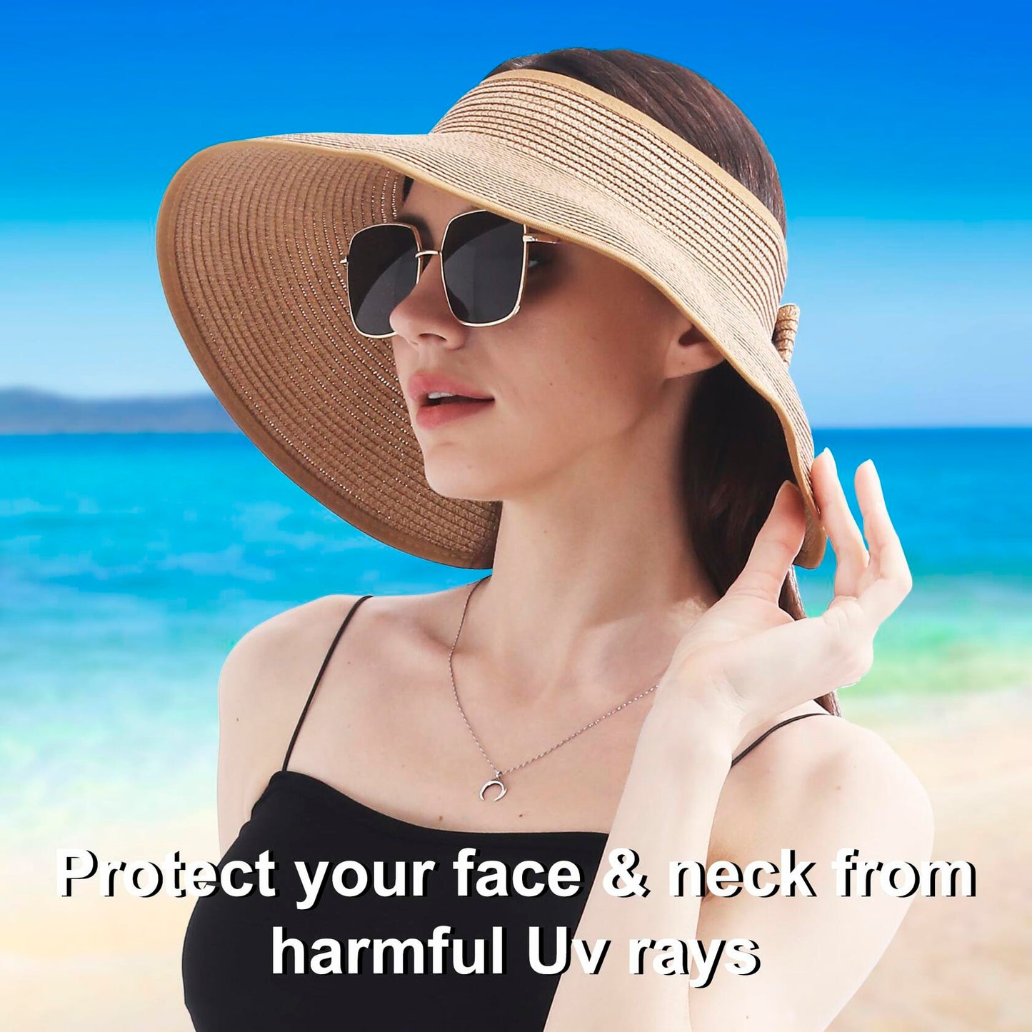 Wide Brim Straw Sun Hat Women Summer Beach Vacation Foldable Coffee Ribbon