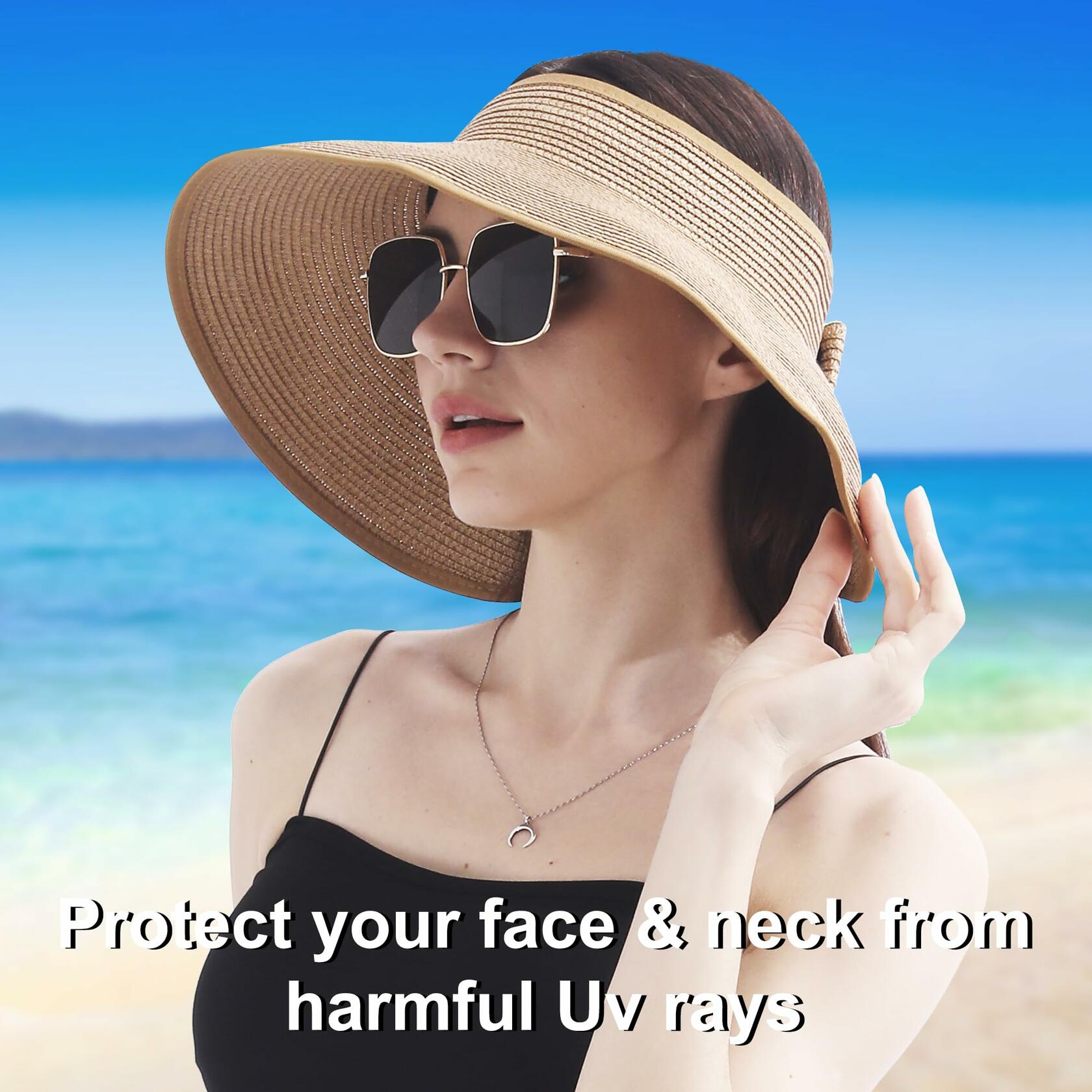 Wide Brim Straw Sun Hat Women Summer Beach Vacation Foldable Coffee Ribbon