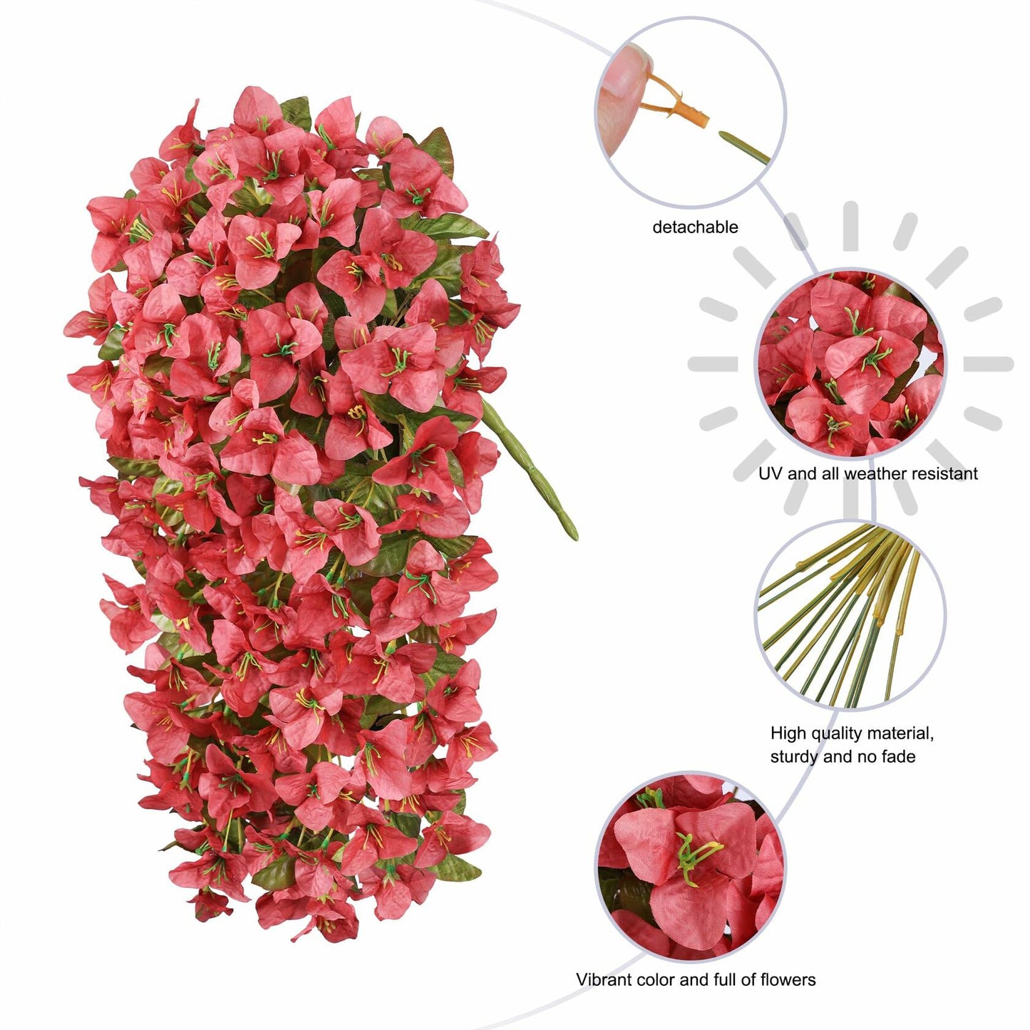 HyeFlora Bougainvillea Artificial Hanging Flowers Red 2pcs Silk UV Resistant