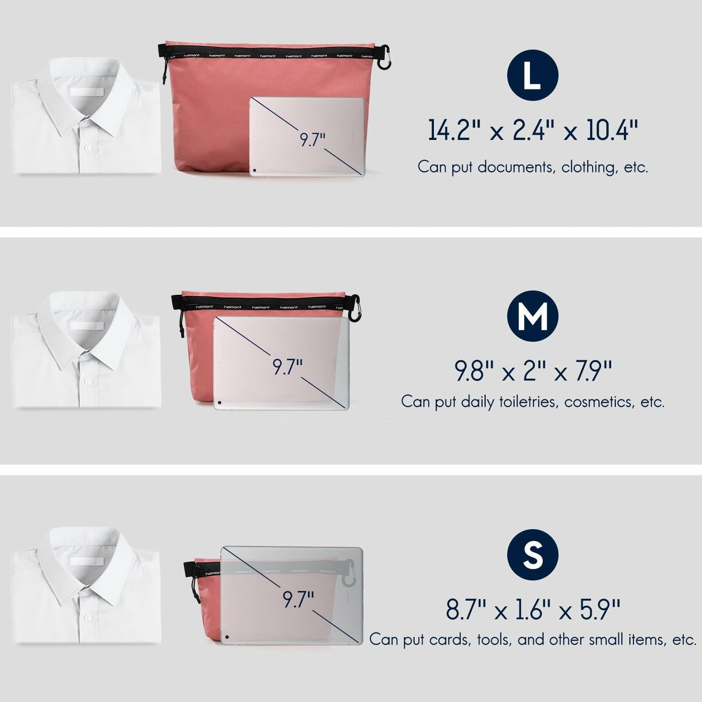 Haimont Travel Zipper Pouch Set 3-Piece Water-Resistant Pink Toiletry Bags