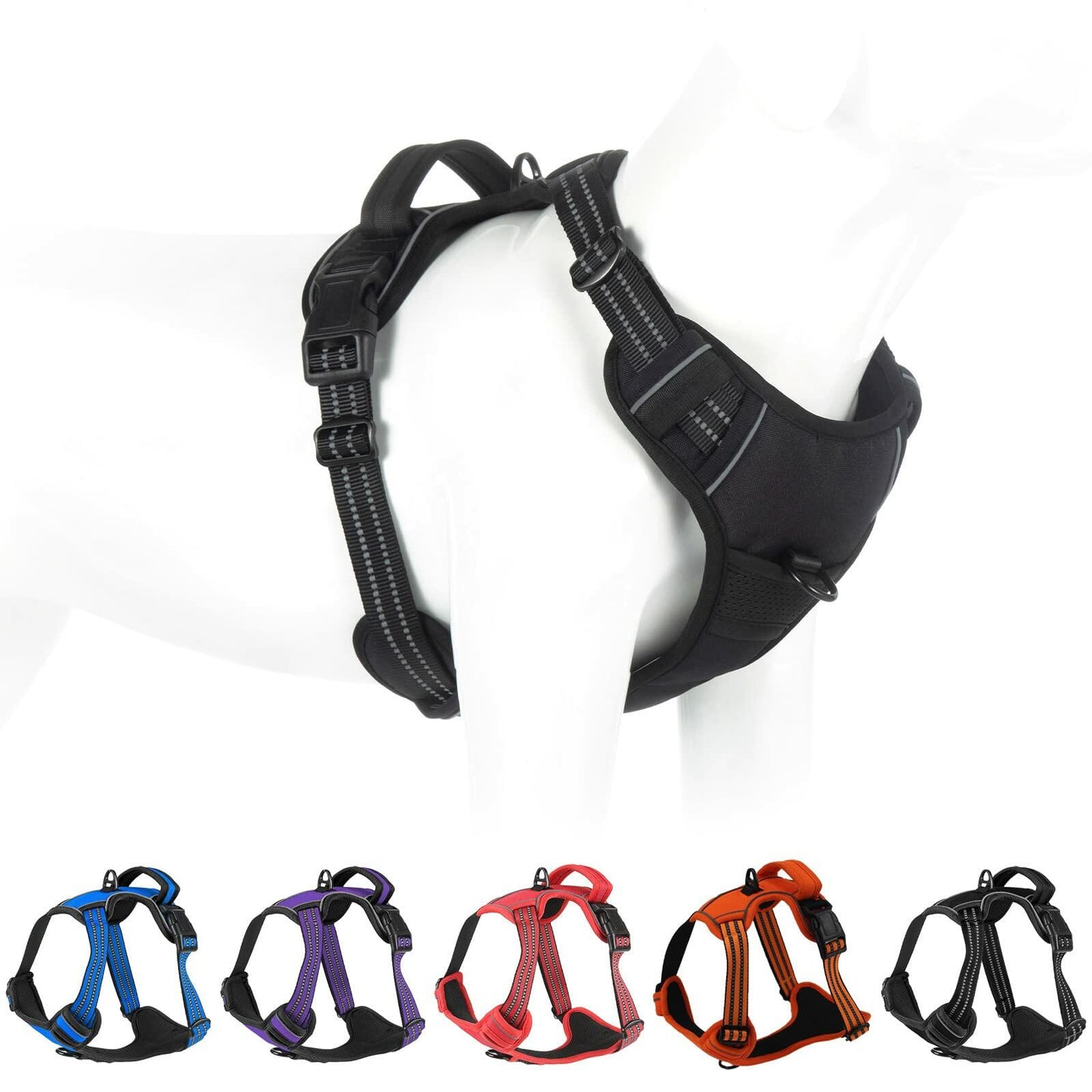 No Pull Dog Harness Adjustable Reflective Front Clip Padded Black Size L