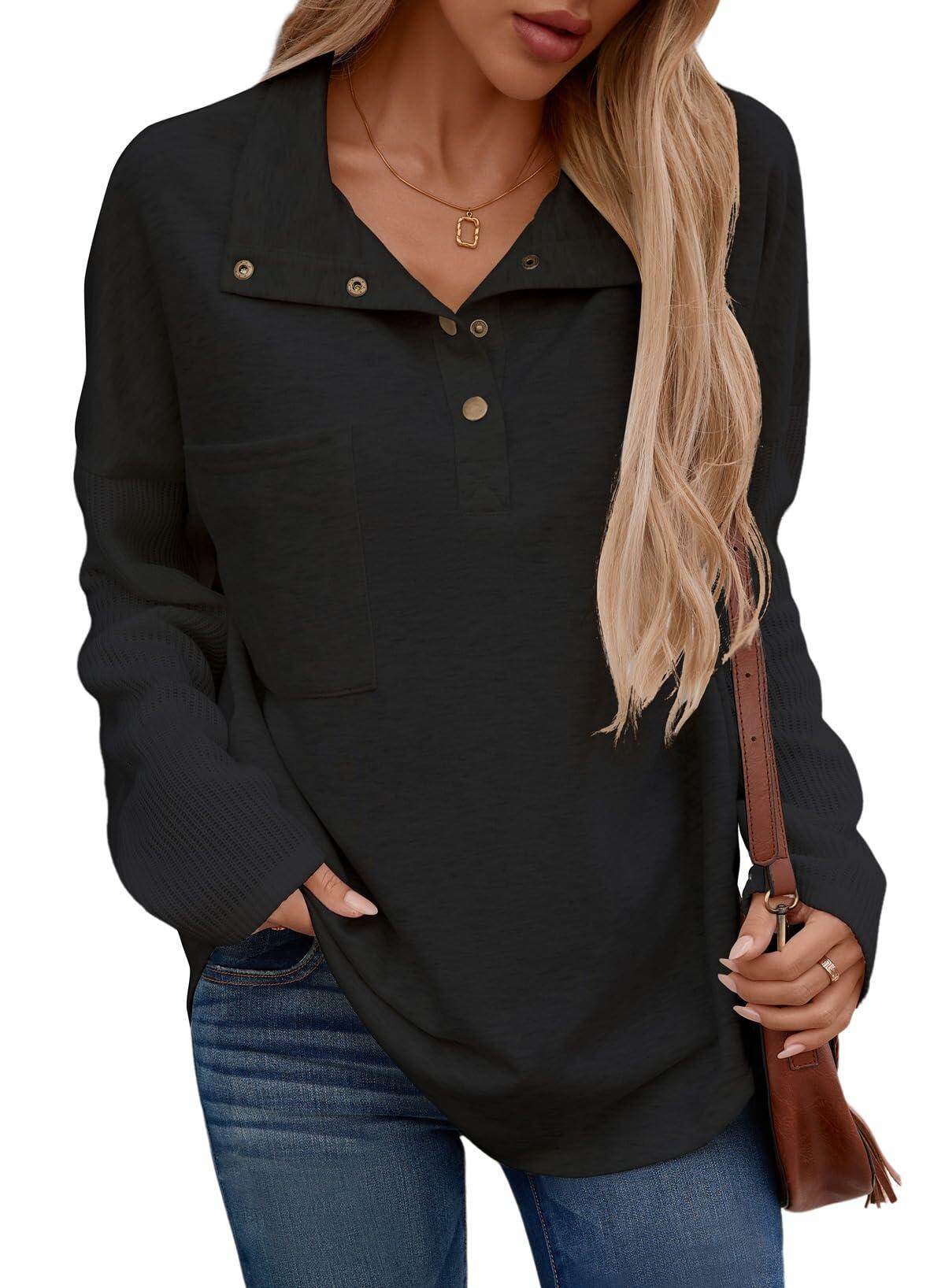 SHEWIN Women Oversized Sweatshirt Button Up Fall Spring Soft Loose Top Black 2XL