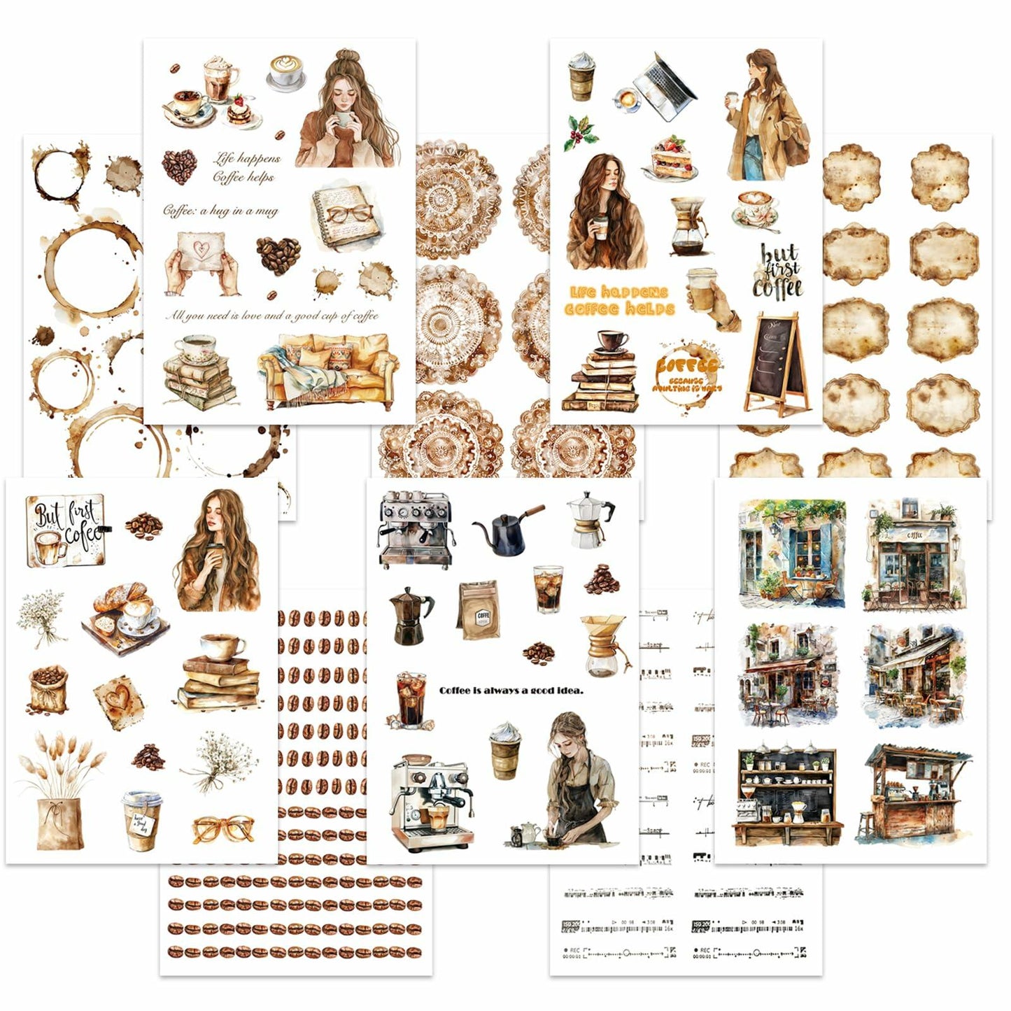 VISUMCIP Vintage Coffee Pre-Cut Journaling Stickers 10 Sheets Coffee Time