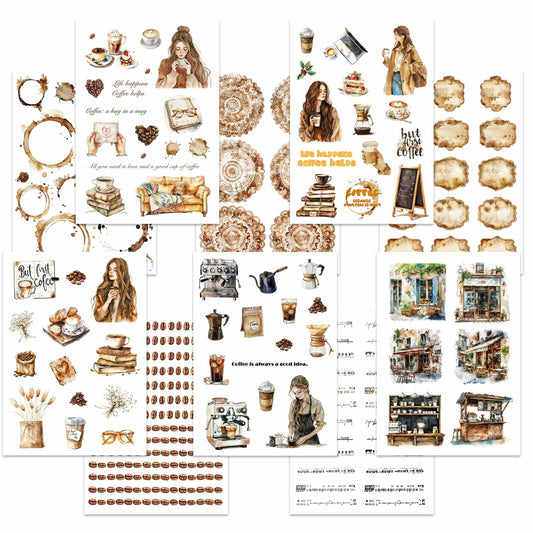 VISUMCIP Vintage Coffee Pre-Cut Journaling Stickers 10 Sheets Coffee Time