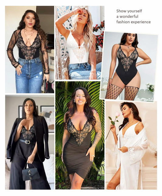 FeelinGirl Shapewear Tummy Control Lace Bodysuit V Neck Low Back White Size S