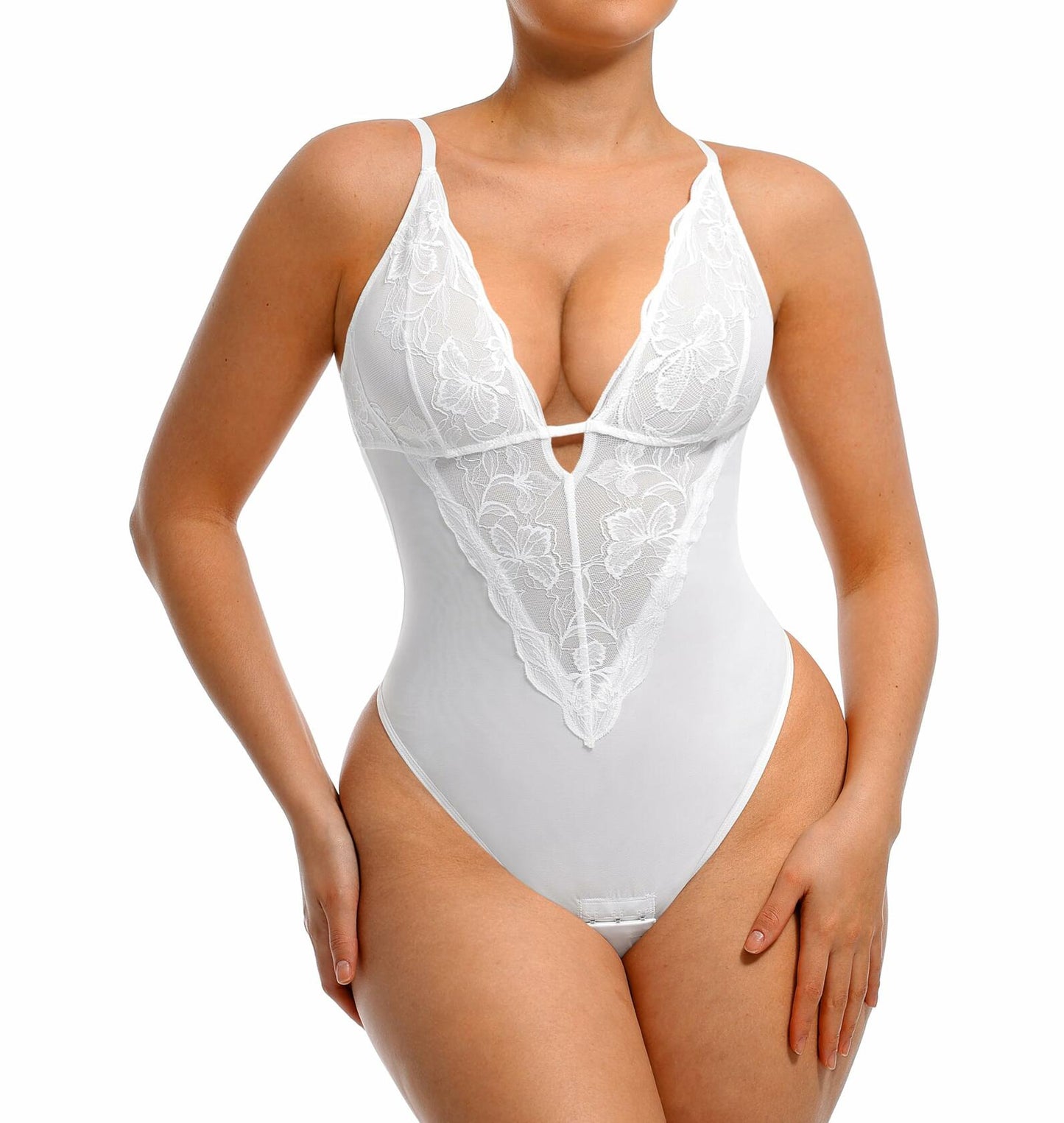FeelinGirl Shapewear Tummy Control Lace Bodysuit V Neck Low Back White Size S