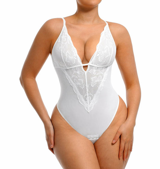 FeelinGirl Shapewear Tummy Control Lace Bodysuit V Neck Low Back White Size S