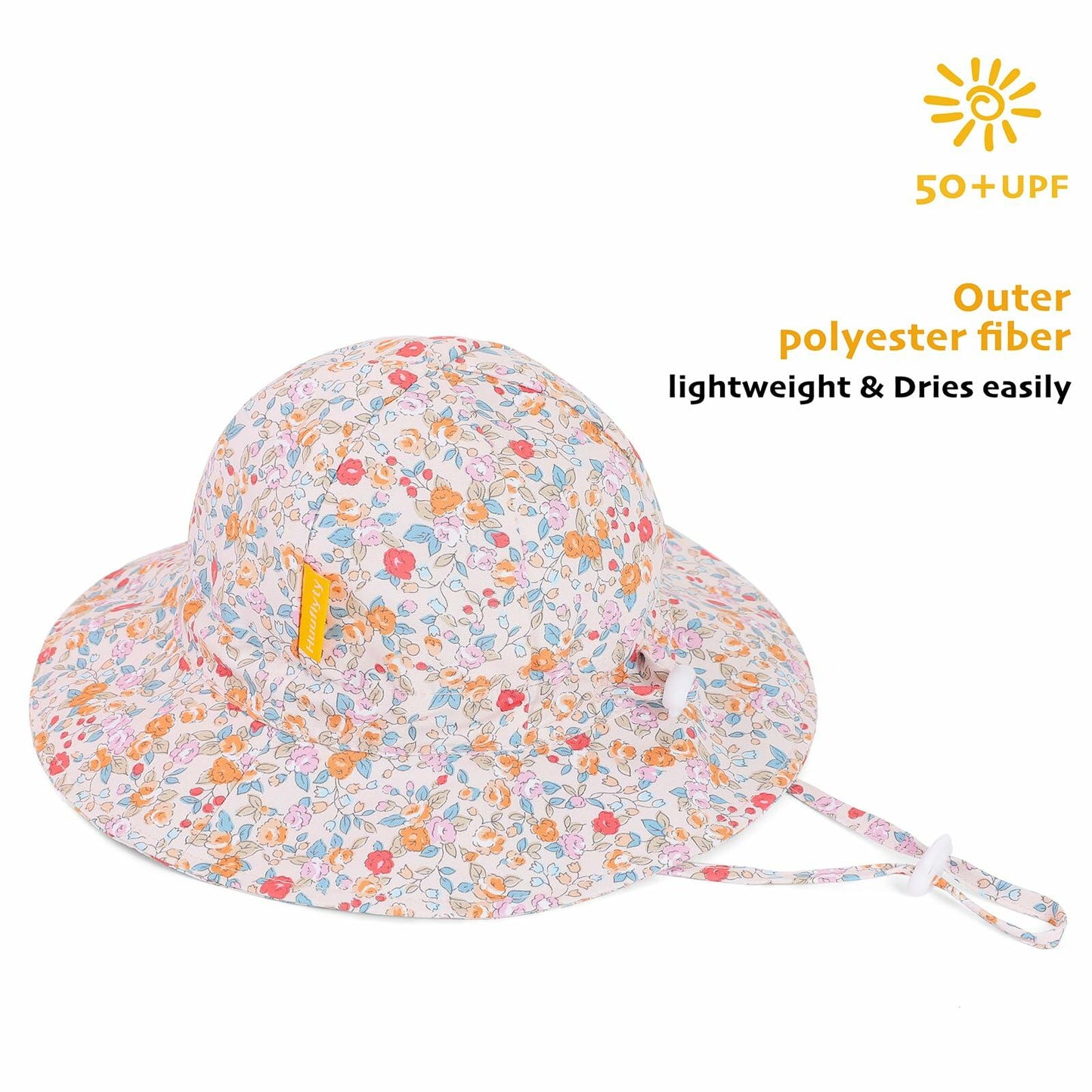 Huuflyty Baby Girl Adjustable Sun Hat Wide Brim UPF 50+ Floral Khaki Size 6-24M