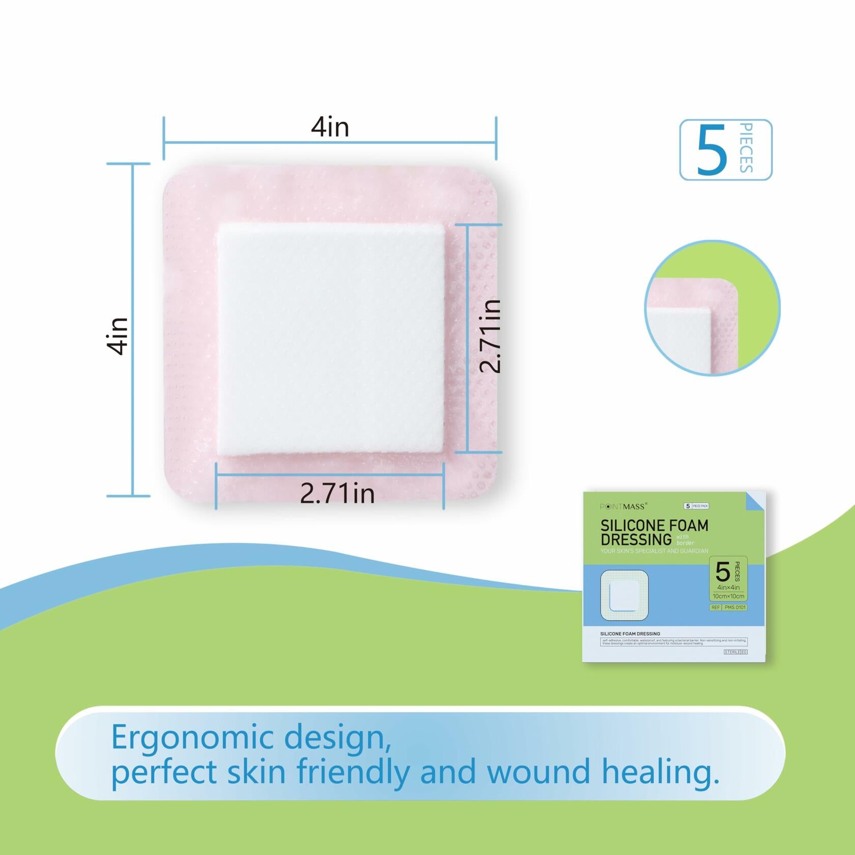 Pointmass 5 Pack 4"x4" Silicone Foam Dressing Waterproof Wound Care OPEN BOX