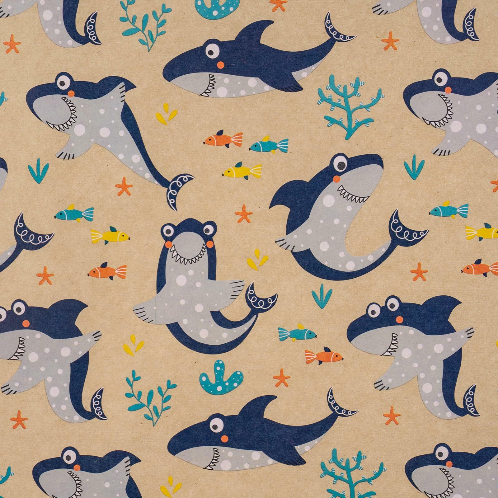 RUSPEPA Shark Kraft Wrapping Paper Roll Cartoon Pattern 17in x 16.5ft