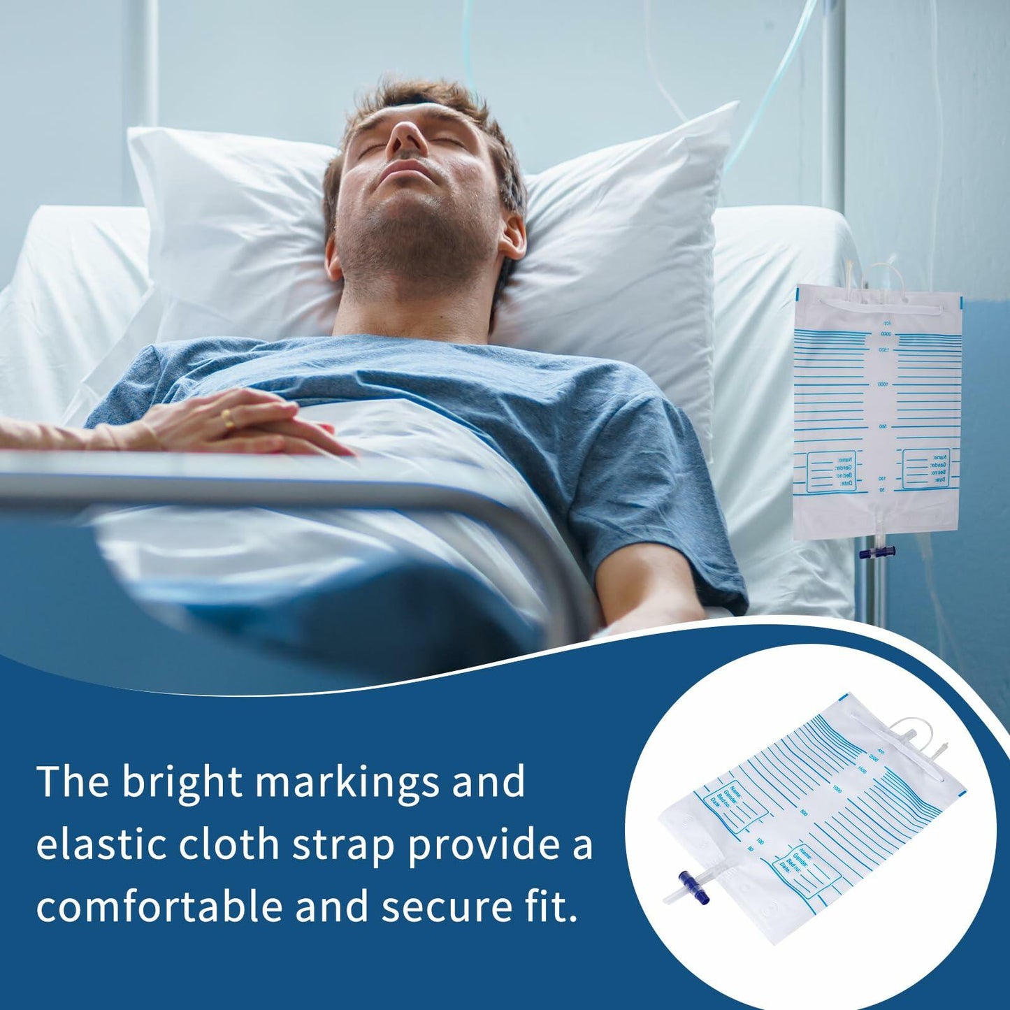 Plus tard 6Pack Catheter Urine Bags 67.6oz 2000ml White with Cloth Straps