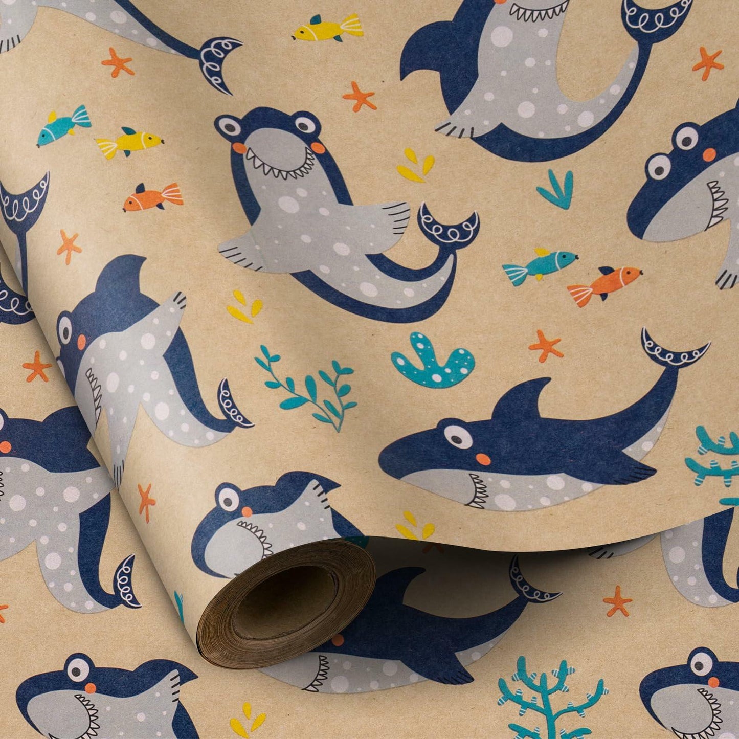 RUSPEPA Shark Kraft Wrapping Paper Roll Cartoon Pattern 17in x 16.5ft