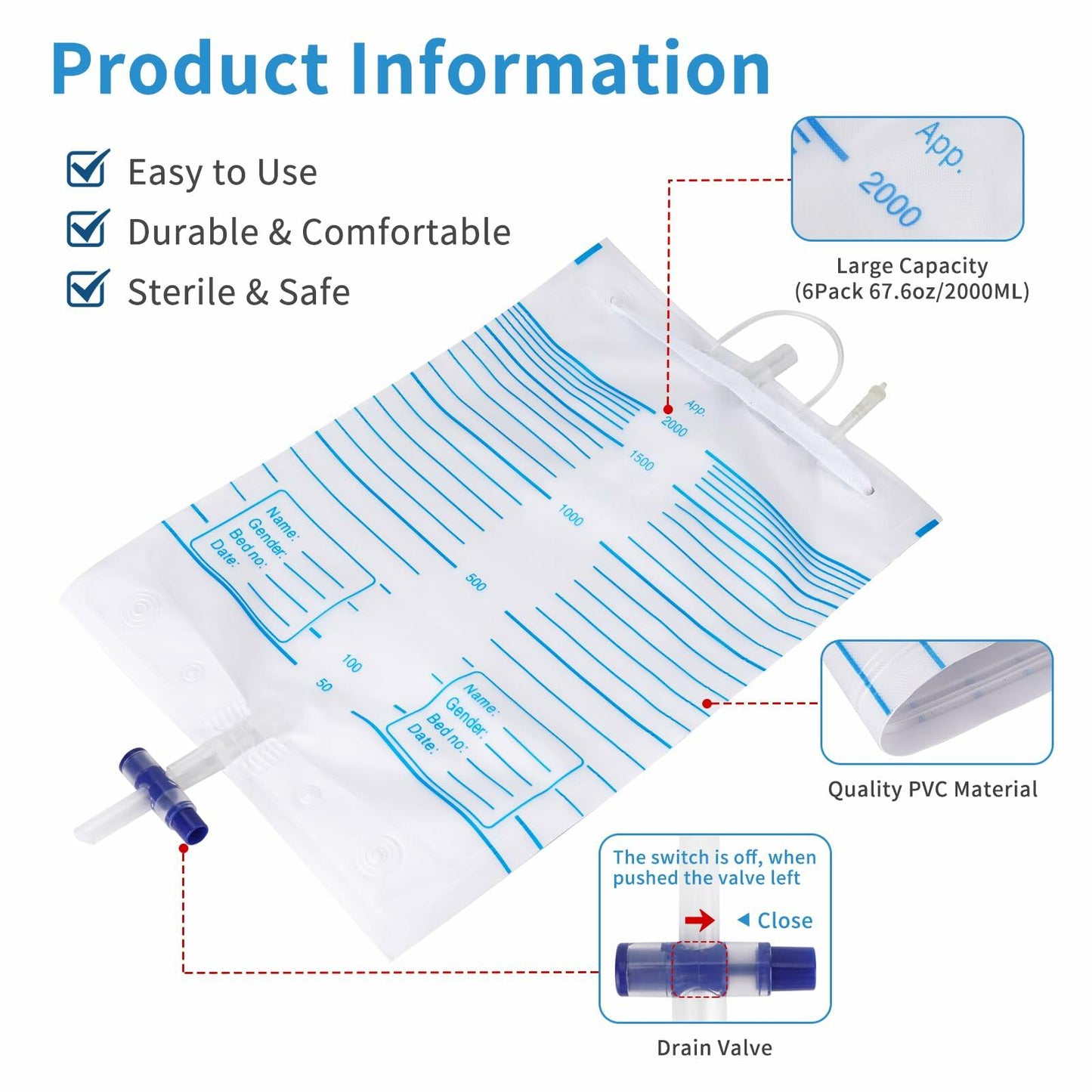 Plus tard 6Pack Catheter Urine Bags 67.6oz 2000ml White with Cloth Straps