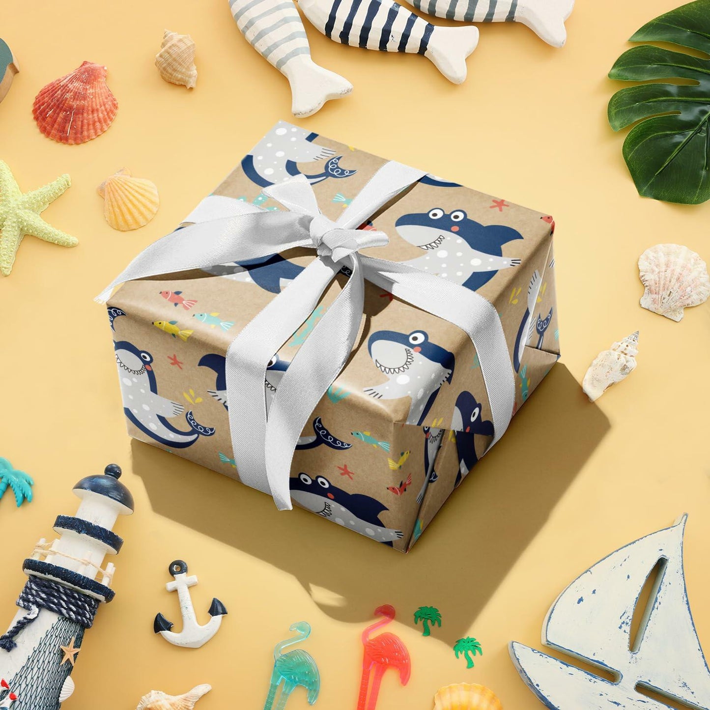 RUSPEPA Shark Kraft Wrapping Paper Roll Cartoon Pattern 17in x 16.5ft