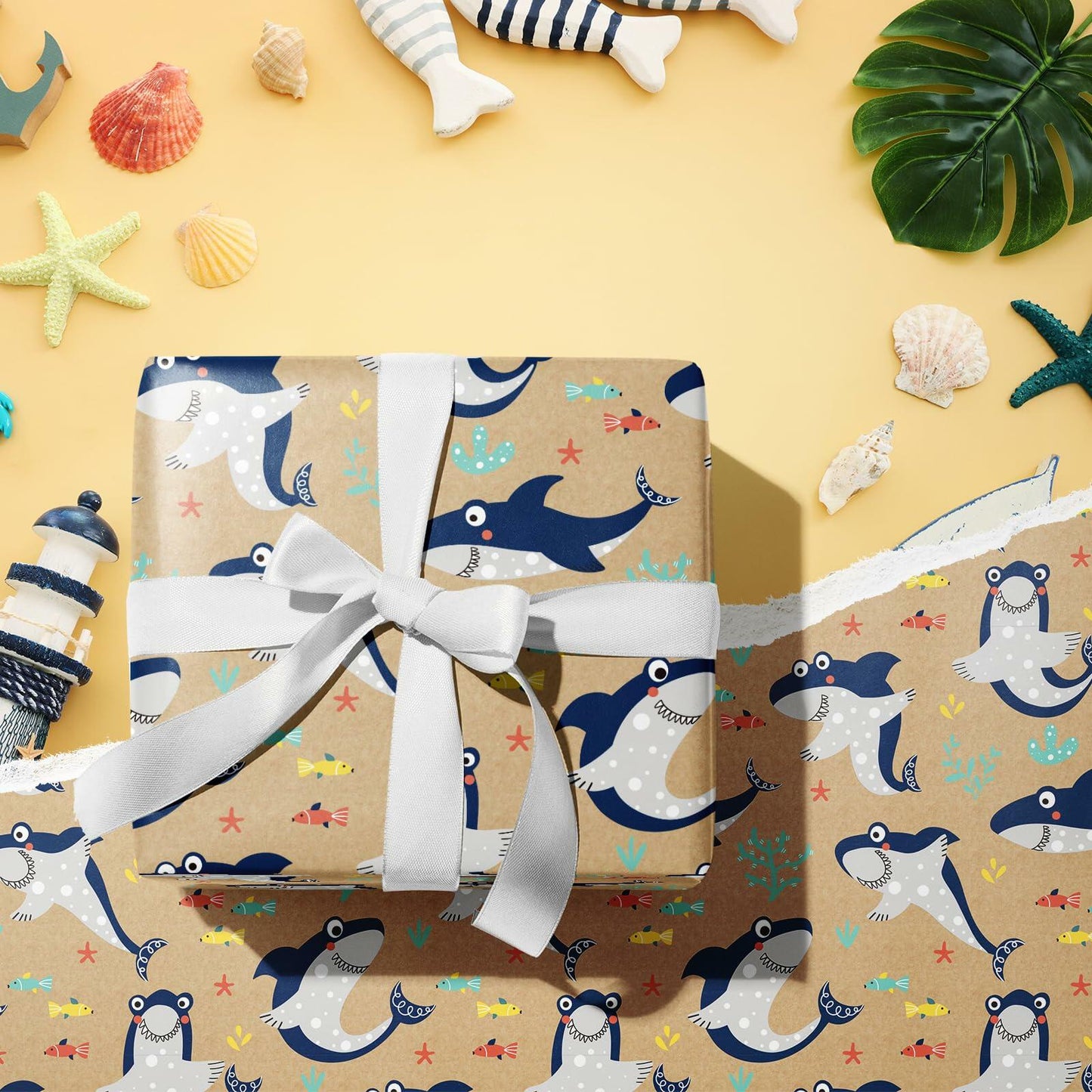 RUSPEPA Shark Kraft Wrapping Paper Roll Cartoon Pattern 17in x 16.5ft