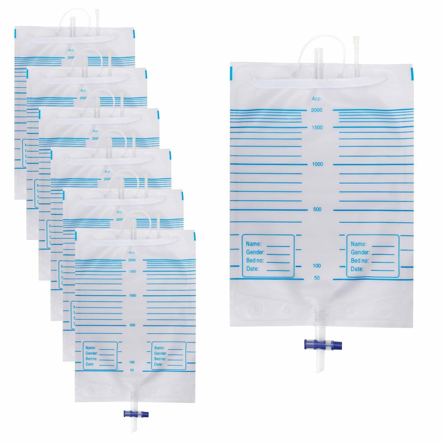 Plus tard 6Pack Catheter Urine Bags 67.6oz 2000ml White with Cloth Straps