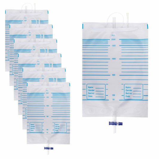 Plus tard 6Pack Catheter Urine Bags 67.6oz 2000ml White with Cloth Straps