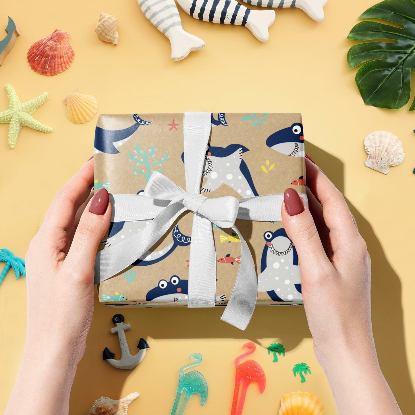 RUSPEPA Shark Kraft Wrapping Paper Roll Cartoon Pattern 17in x 16.5ft