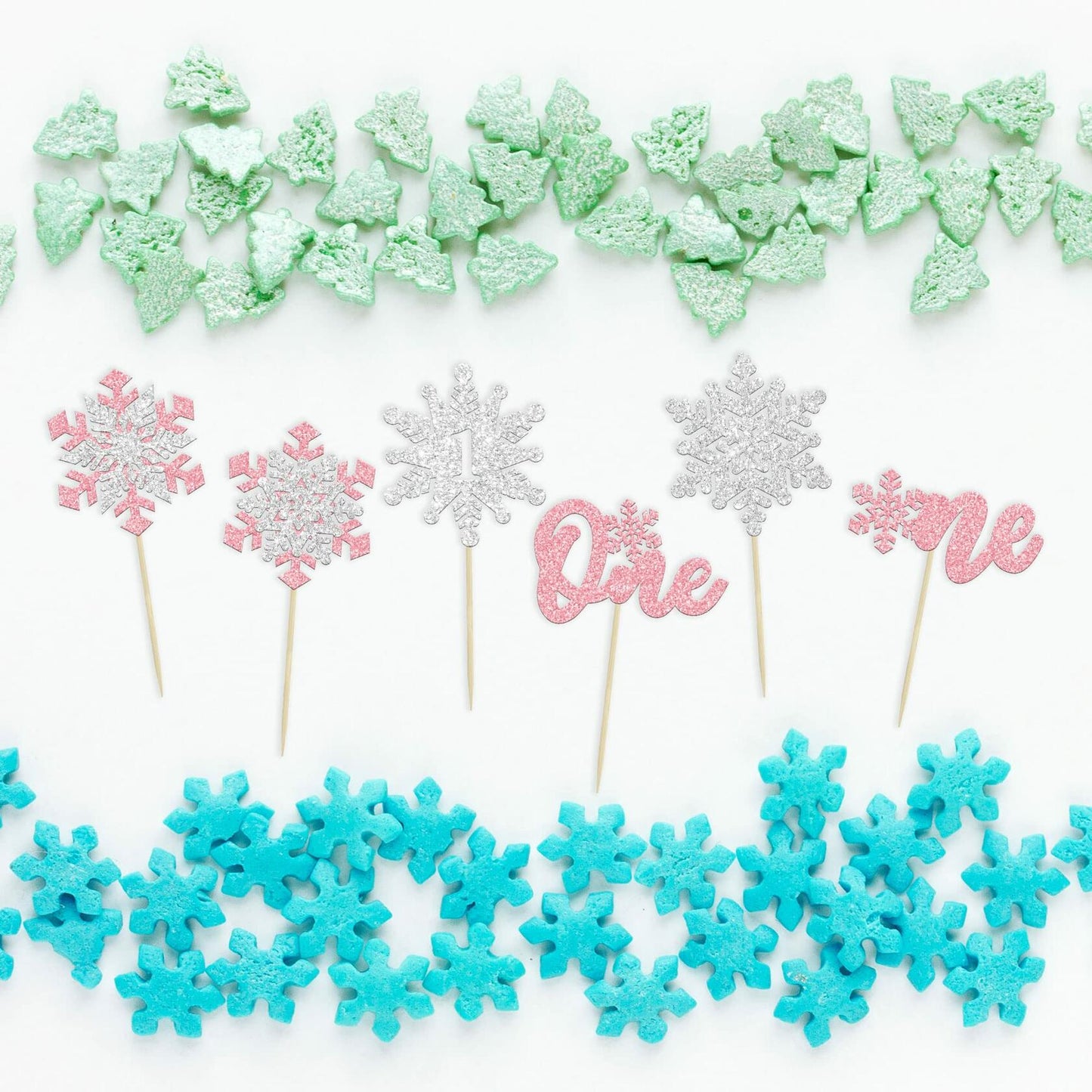 Gyufise 24Pcs Double Layer Pink Glitter Snowflake Cupcake Toppers Paper
