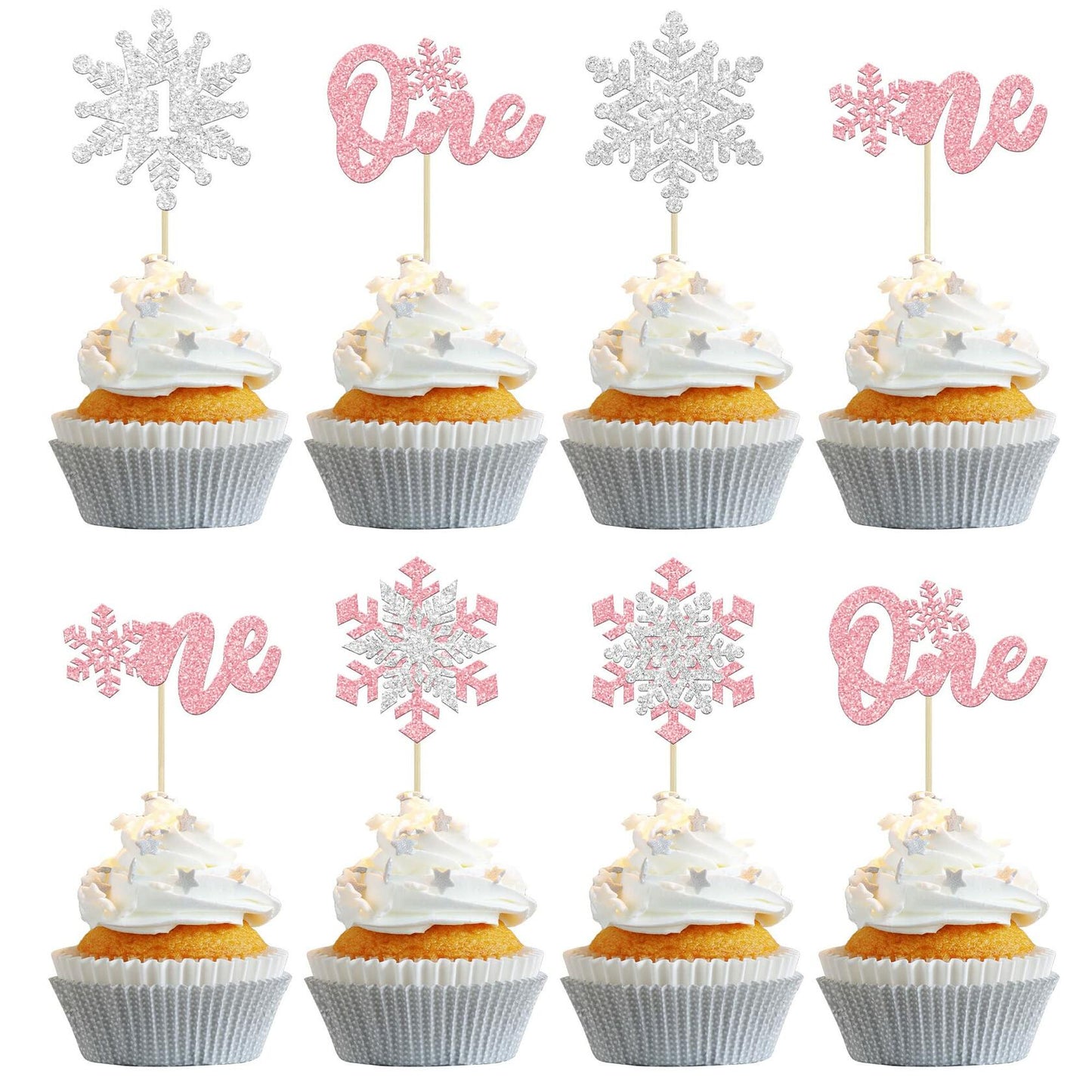 Gyufise 24Pcs Double Layer Pink Glitter Snowflake Cupcake Toppers Paper