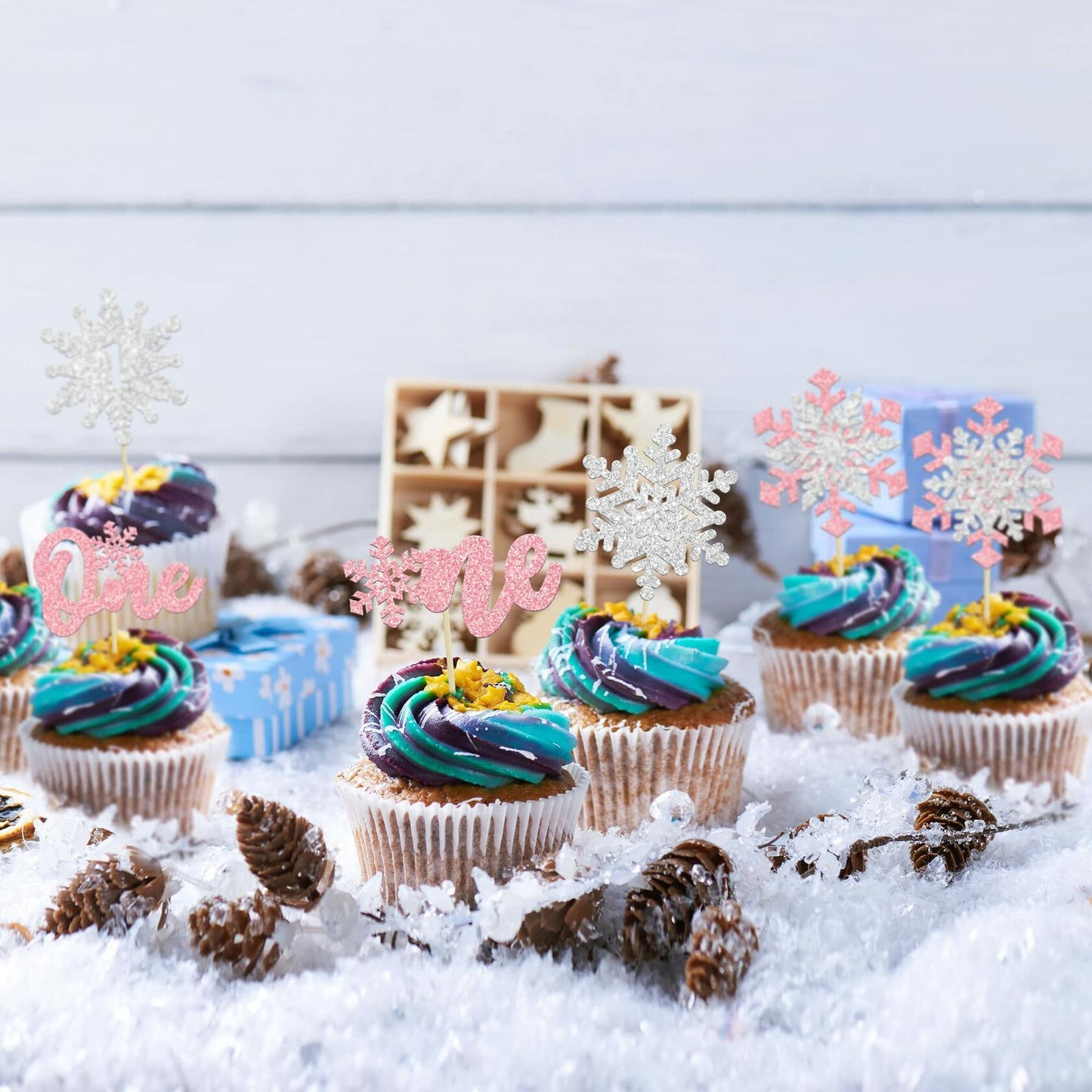 Gyufise 24Pcs Double Layer Pink Glitter Snowflake Cupcake Toppers Paper